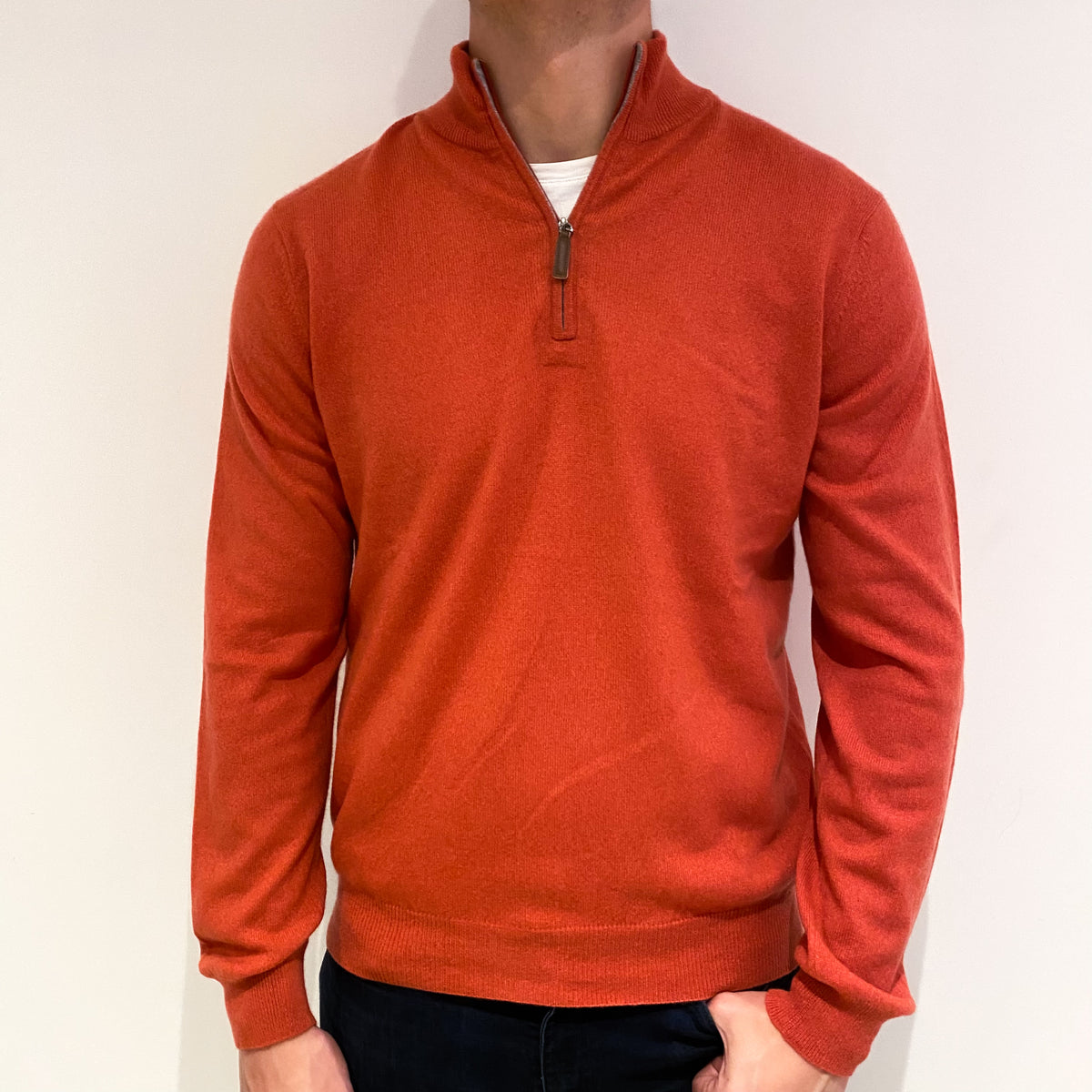 Men's Cranberry Red Cashmere 1/4 Zip Jumper Extra Large