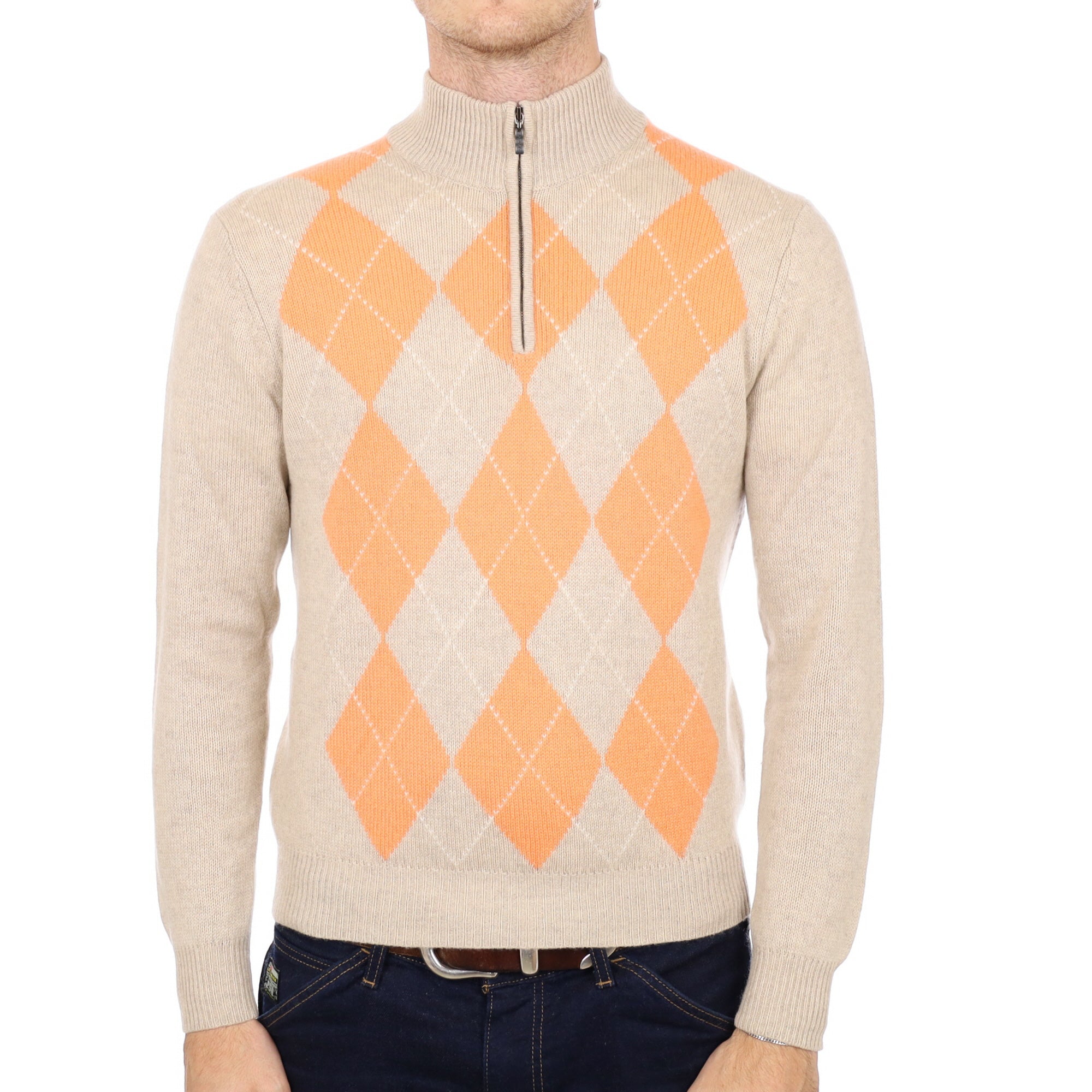 Men's Oatmeal Beige Argyle Cashmere 1/4 Zip Neck Jumper Medium