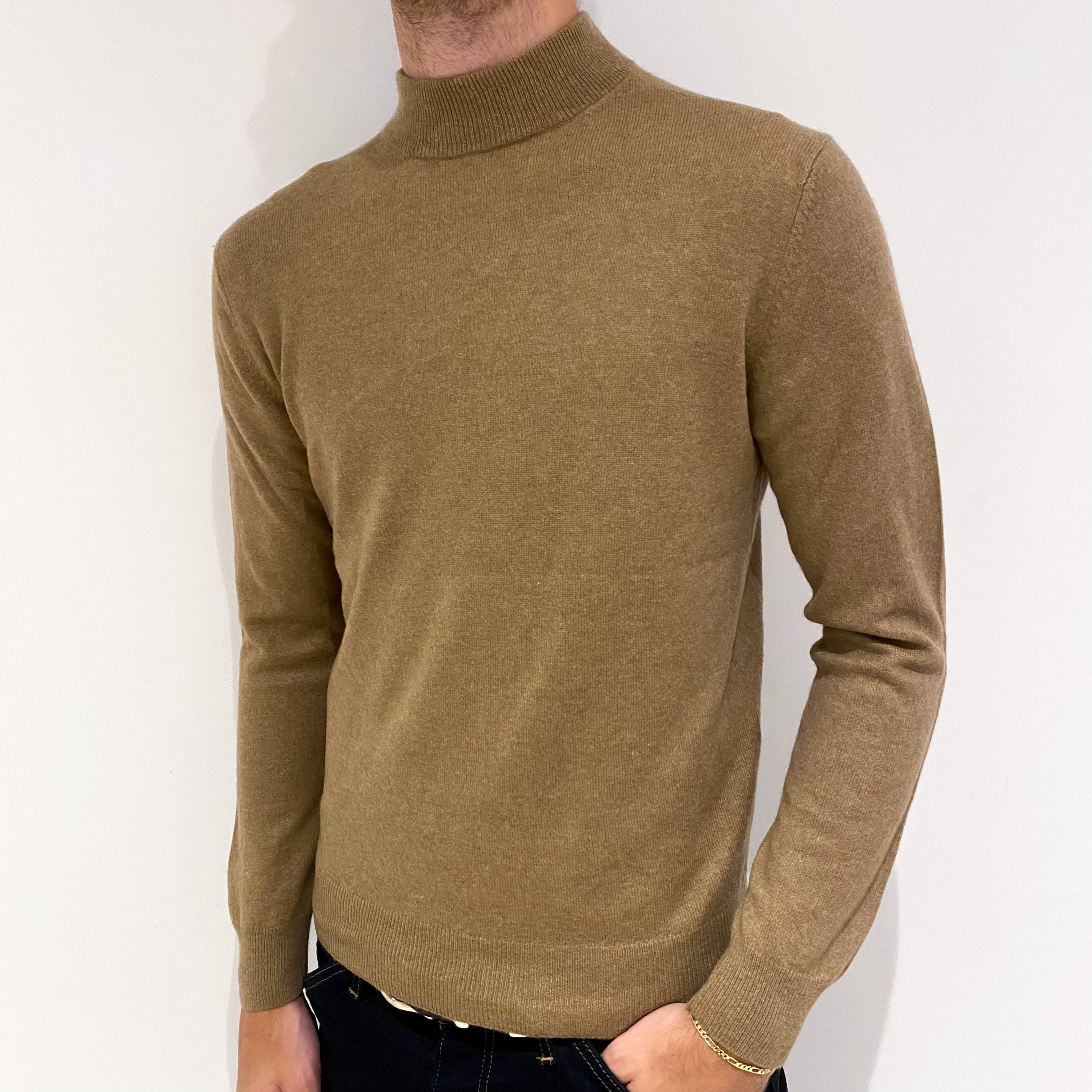 Men's Toffee Brown Cashmere Turtle Neck Jumper Medium