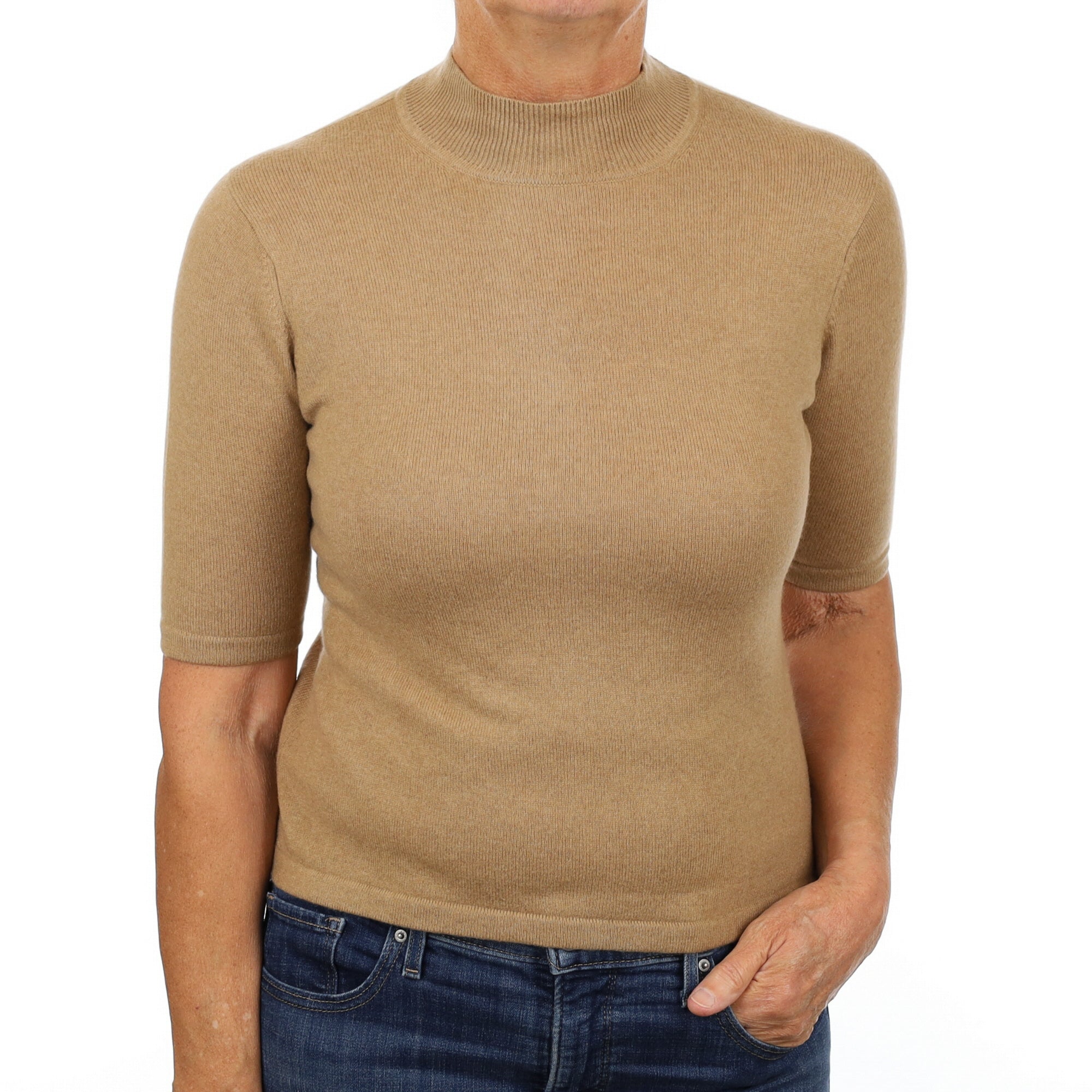 Camel Brown Cashmere Turtle Neck Short Sleeved Jumper Medium