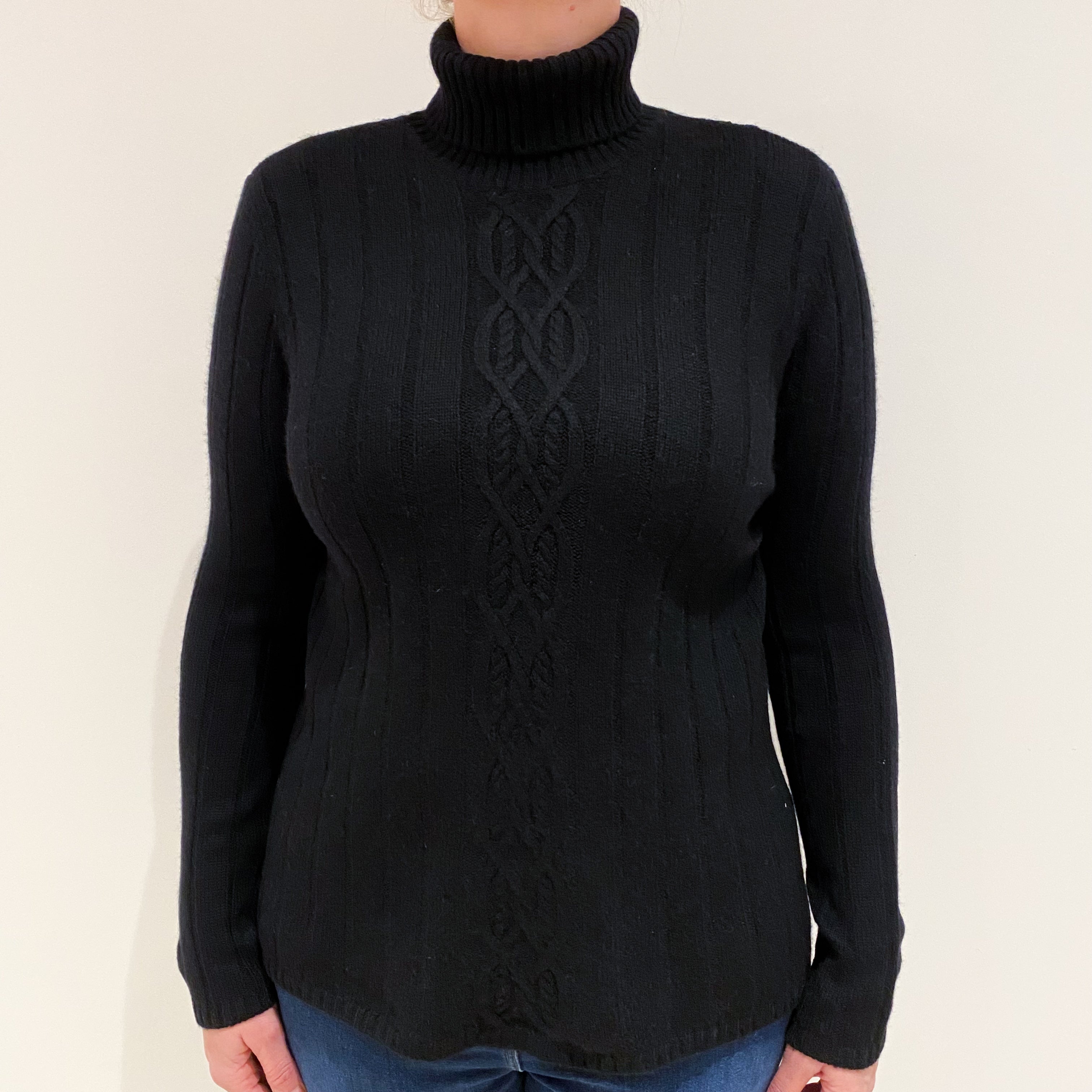 Black Cable Front Cashmere Polo Neck Jumper Large