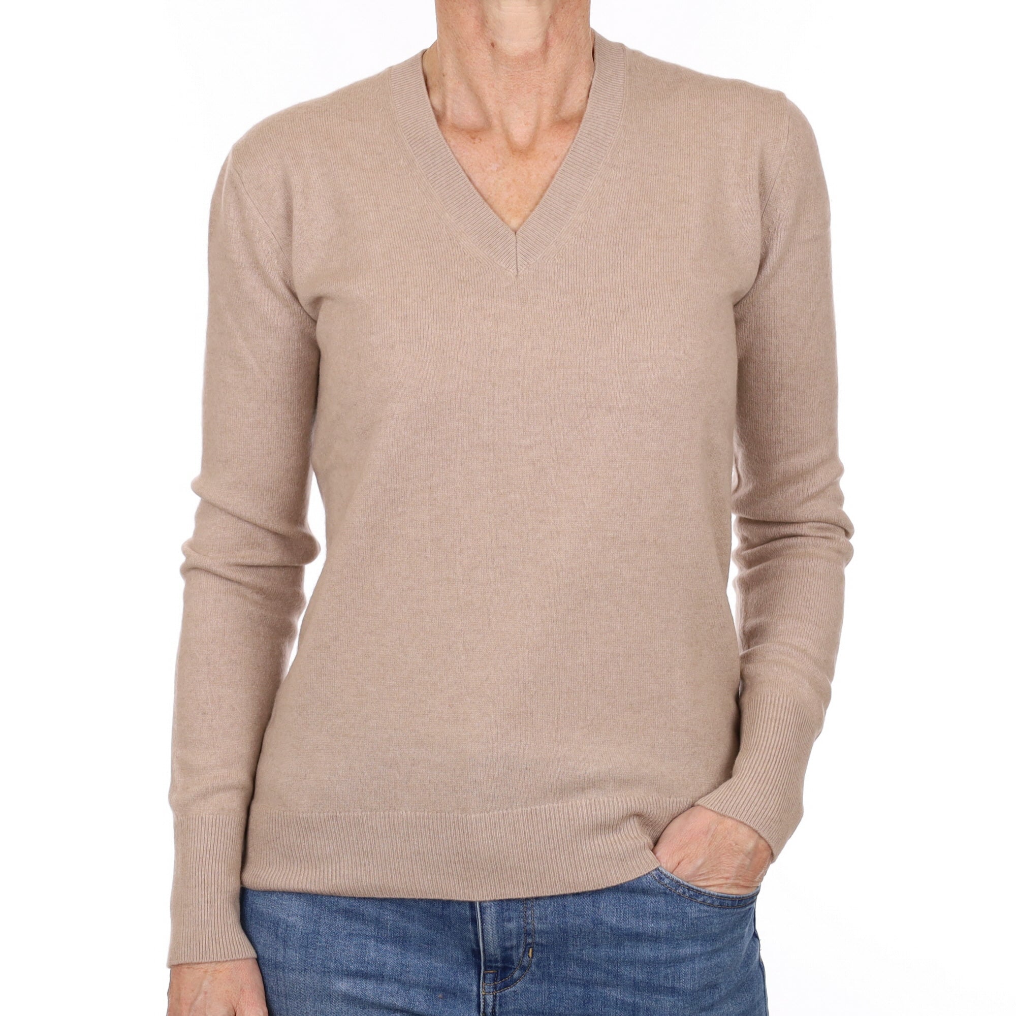 Fawn Brown Cashmere V Neck Jumper Small