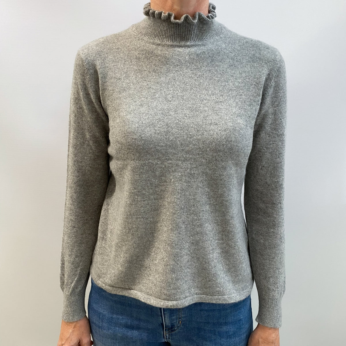 Smoke Grey Cashmere Frill Turtle Neck Jumper Small