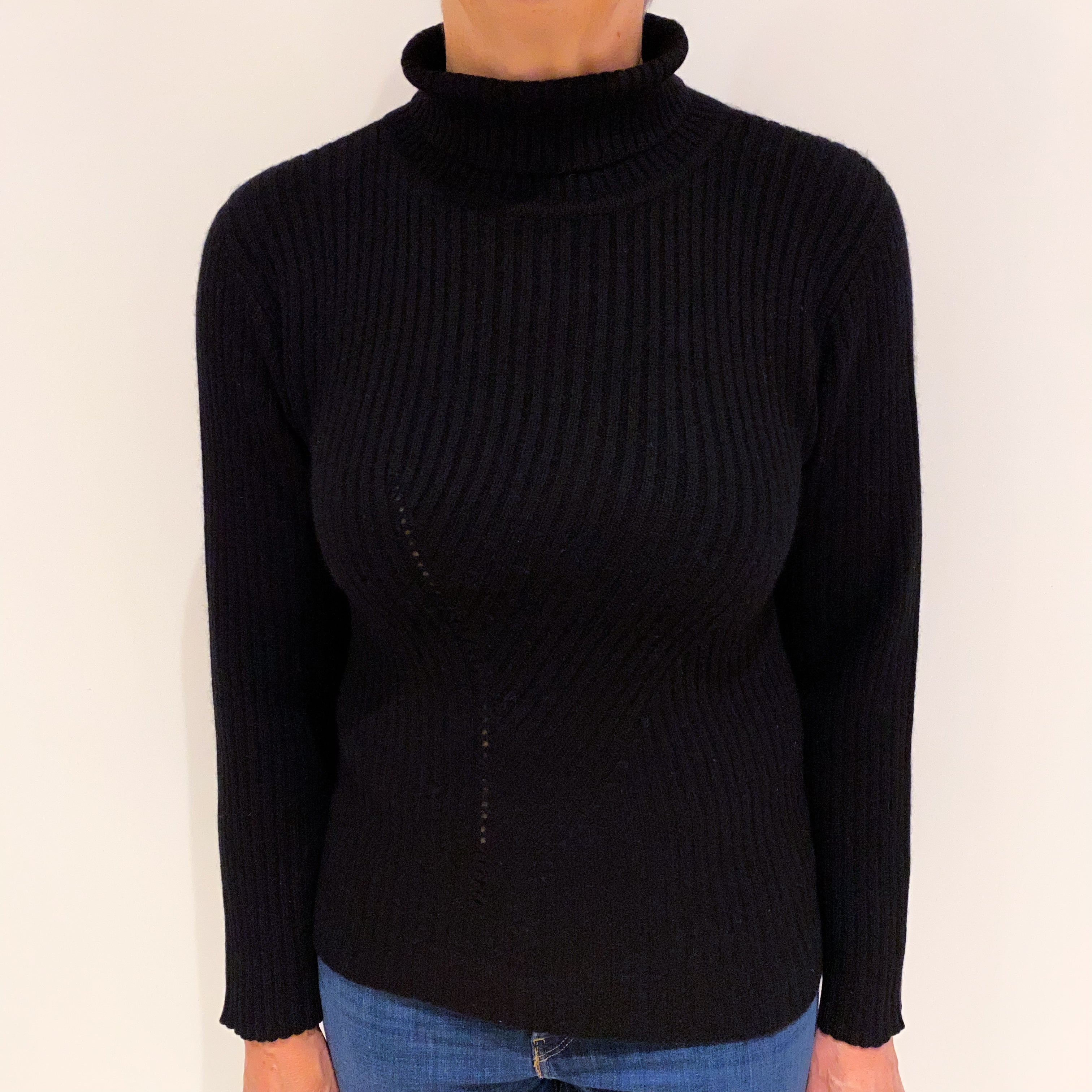 Black Chunky Rib Cashmere Funnel Neck Jumper Medium