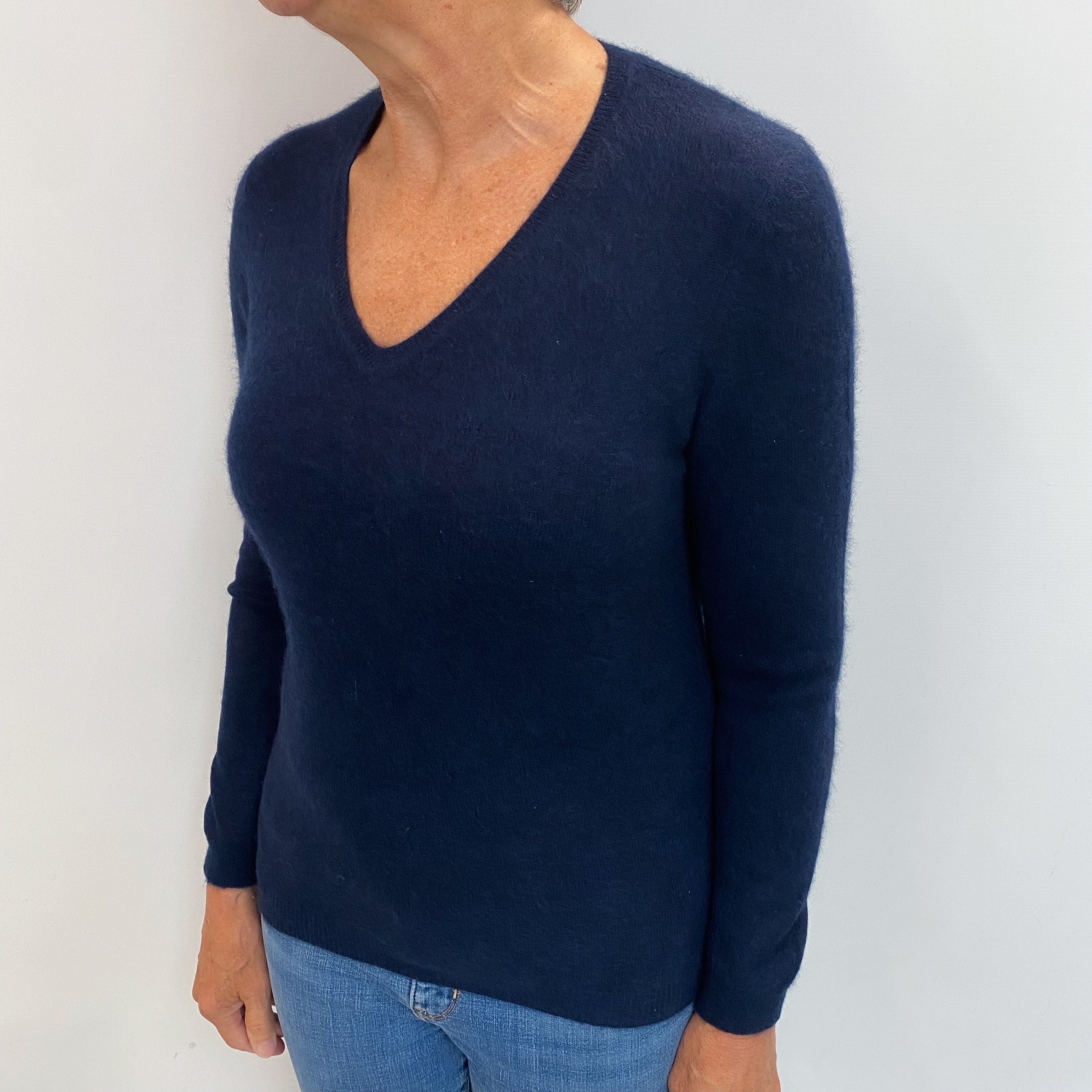 Navy Blue Cashmere V Neck Jumper Medium