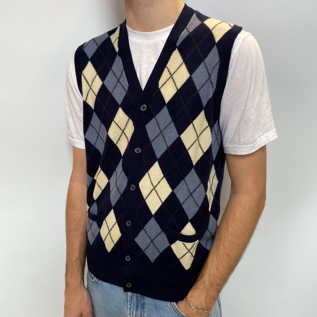 Men's Navy Argyle Cashmere V Neck Sleeveless Cardigan Large