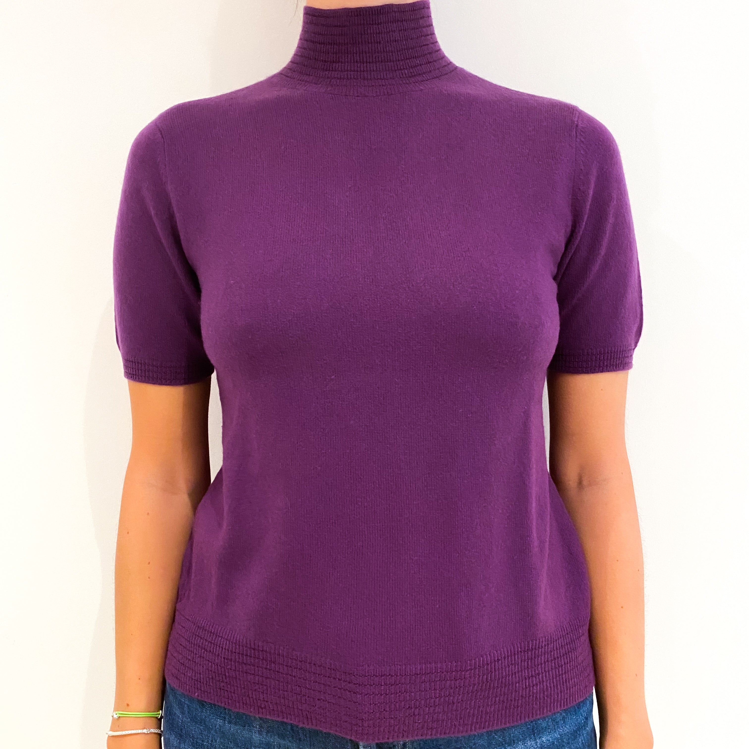 Violet Purple Short Sleeved Cashmere Turtle Neck Jumper Medium