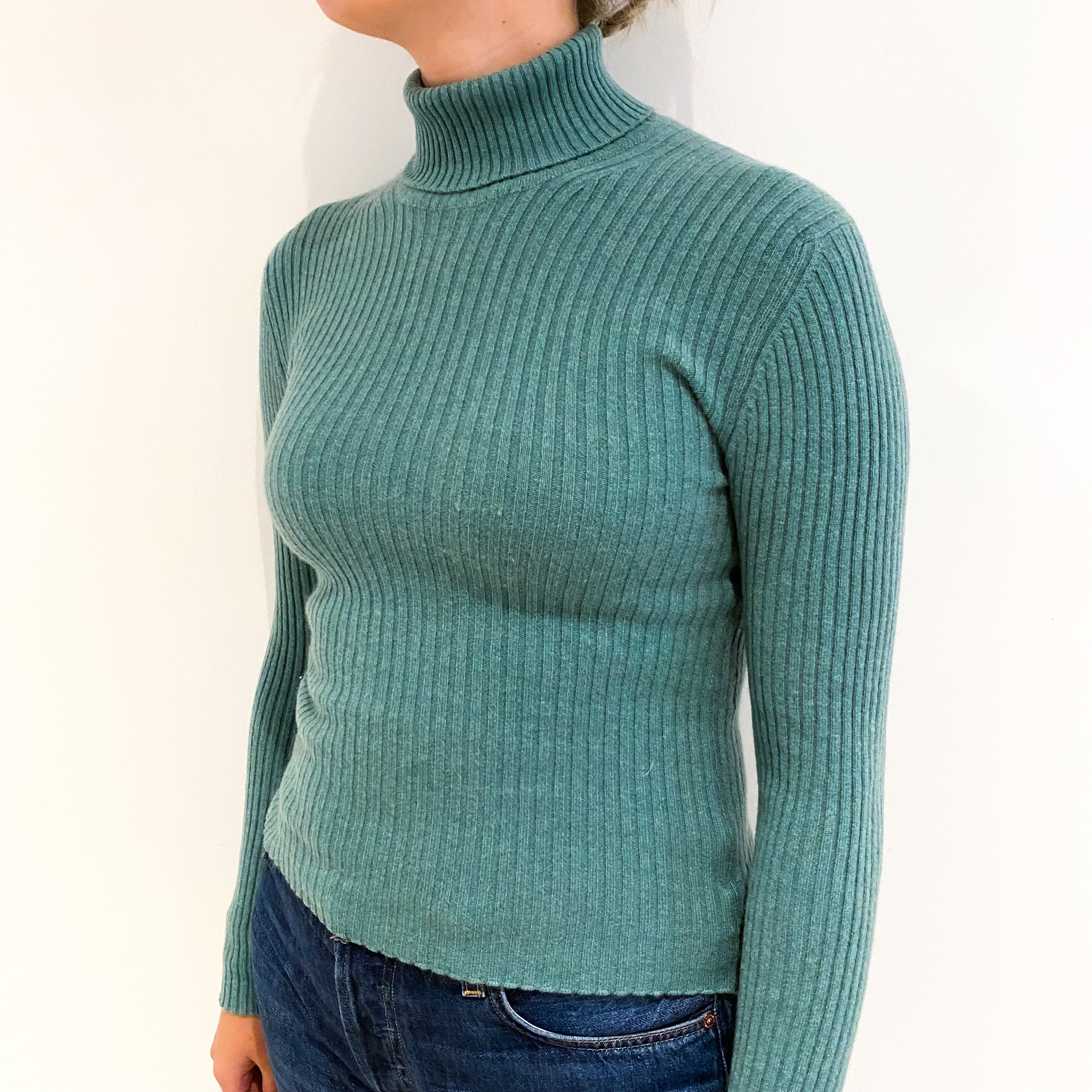 Sea Green Skinny Rib Cashmere Polo Neck Jumper Small