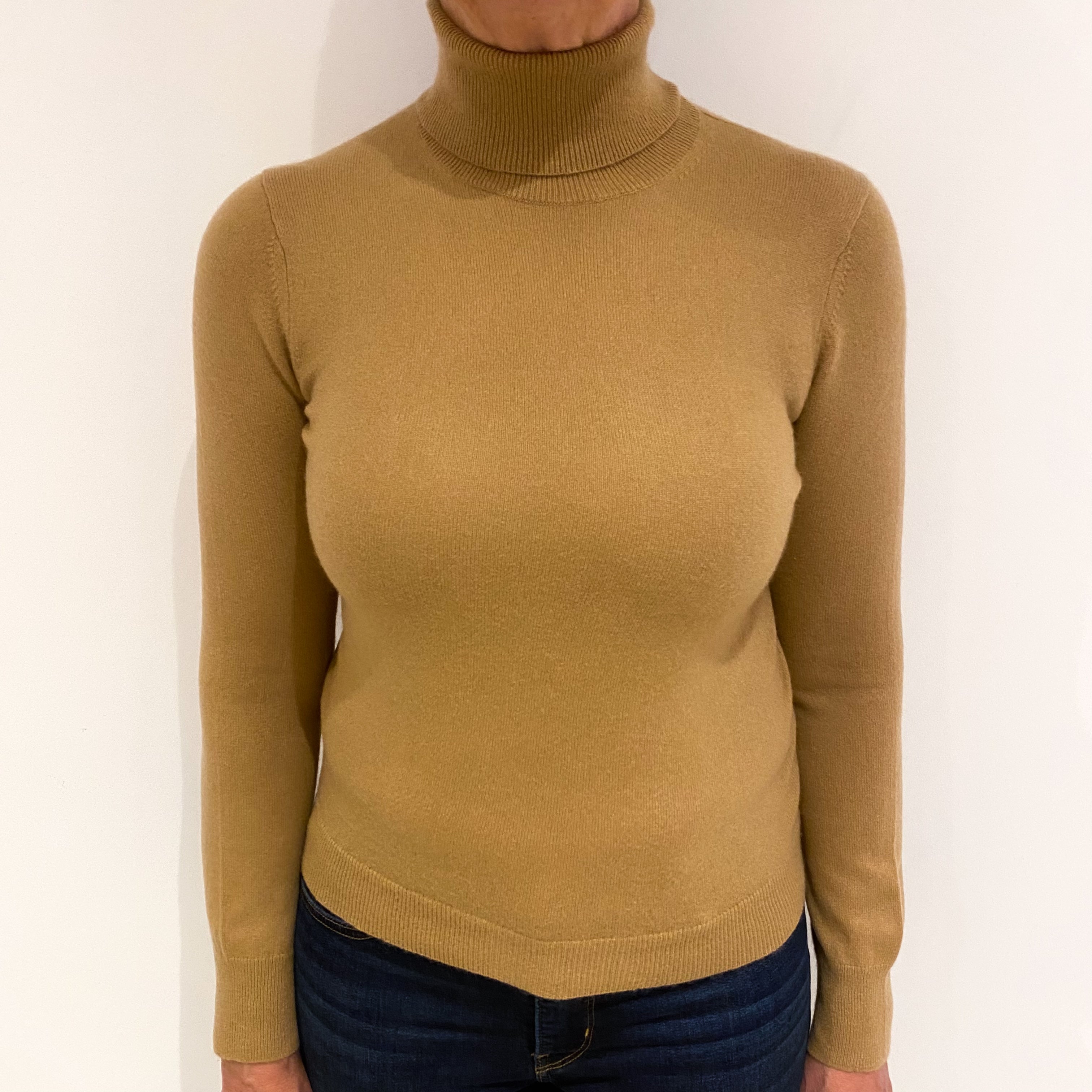 Camel Brown Cashmere Polo Neck Jumper Medium