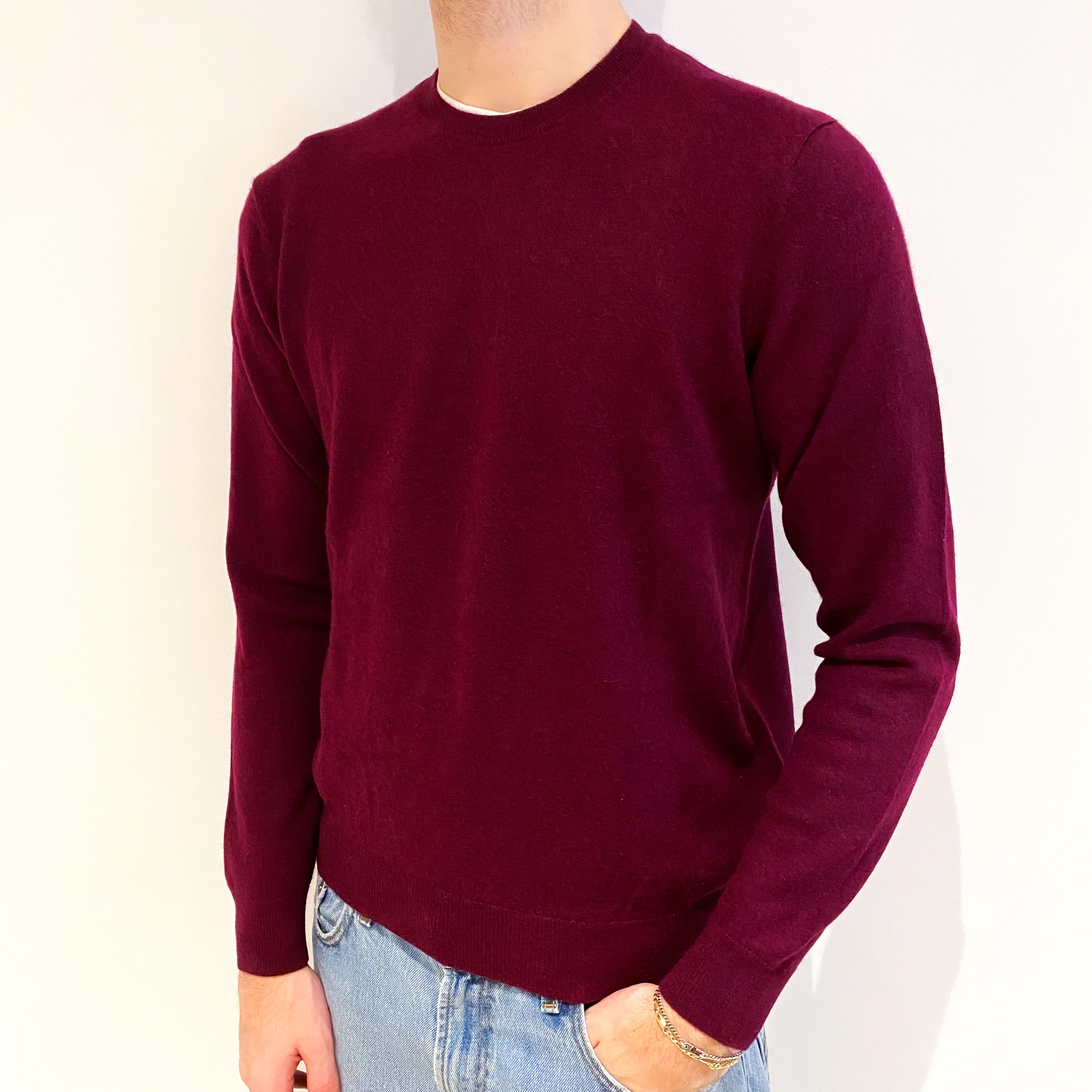Men's Wine Red Cashmere Crew Neck Jumper Large