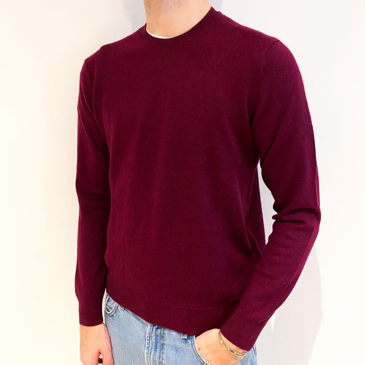 Men's Wine Red Cashmere Crew Neck Jumper Large