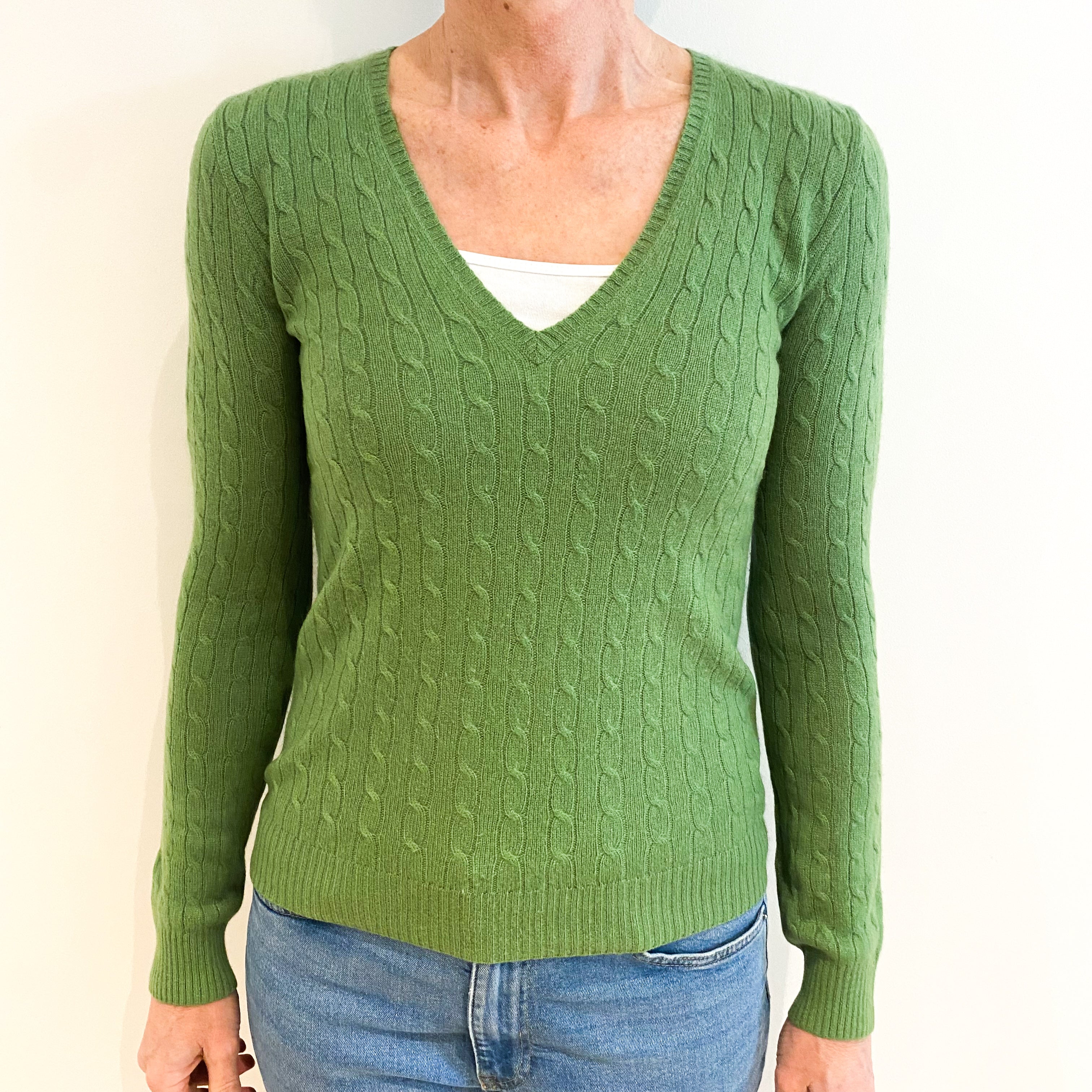 Pear Green Cashmere V Neck Jumper Small