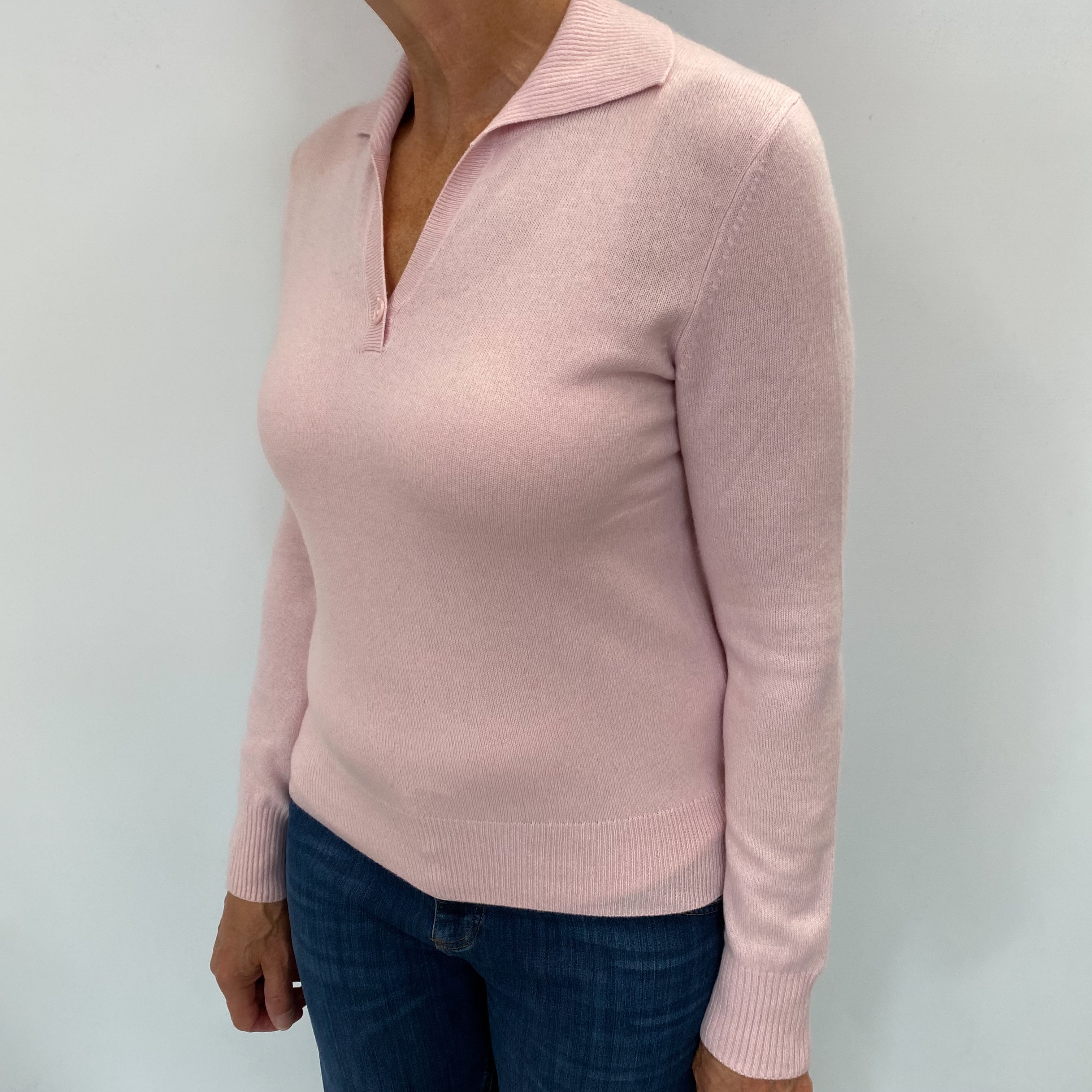 Carnation Pink Cashmere Collared V Neck Jumper Medium