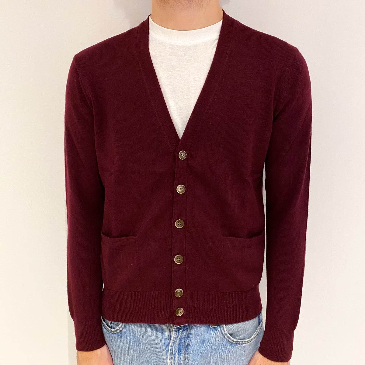 Men's Wine Red Cashmere V Neck Cardigan Medium