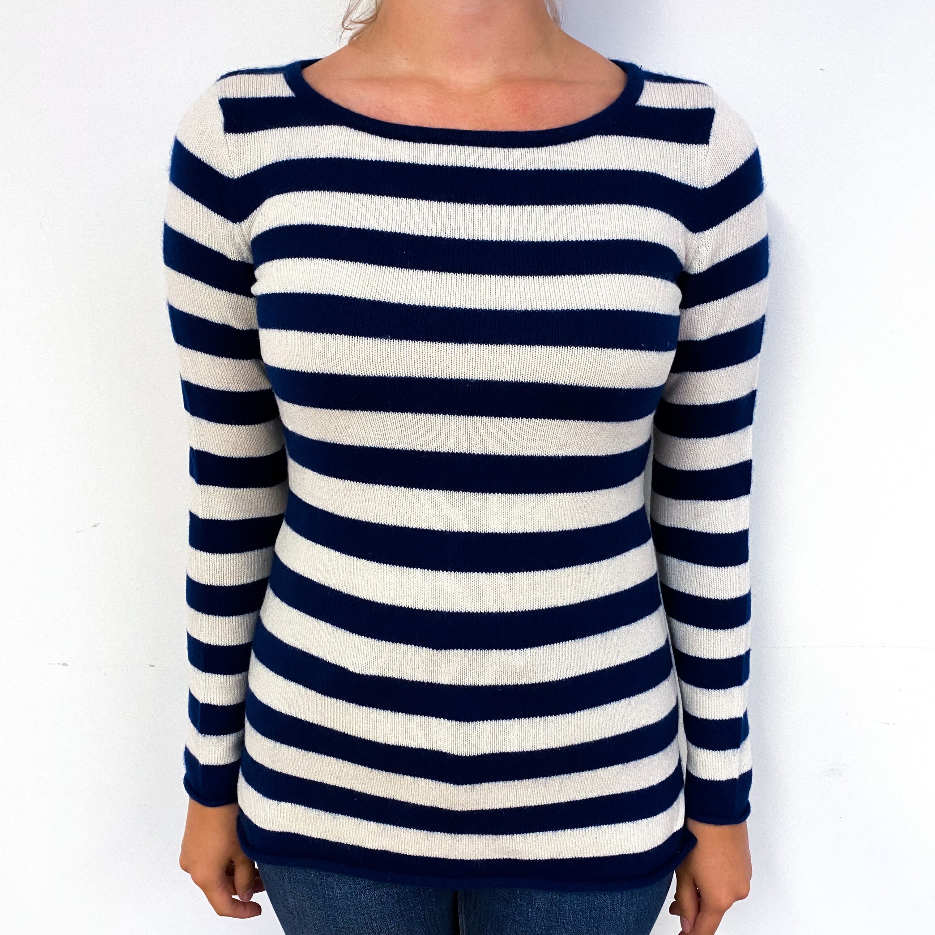 Navy Cream Stripe Cashmere Crew Neck Jumper Small