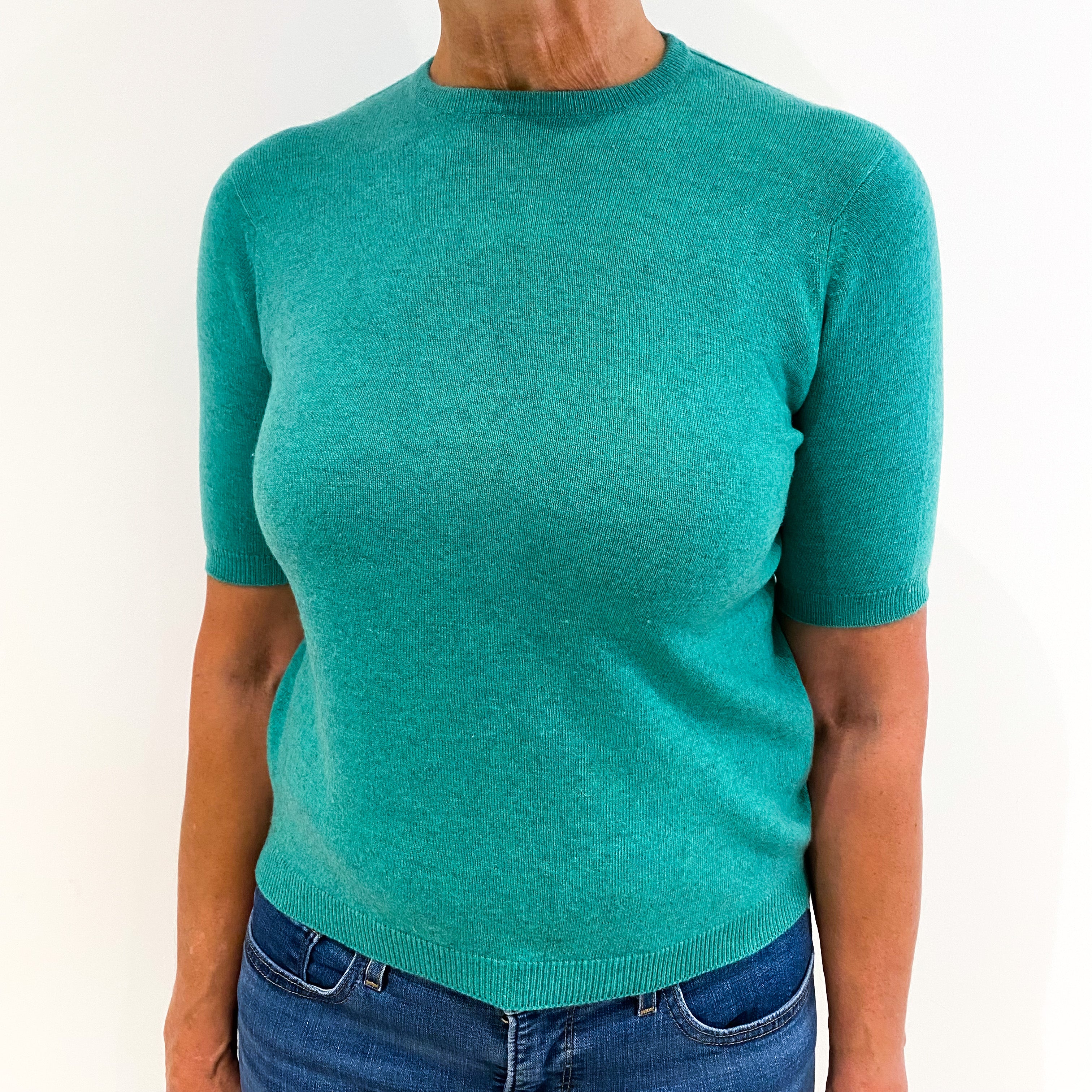 Scottish Vintage Jade Green Short Sleeved Cashmere Jumper Medium