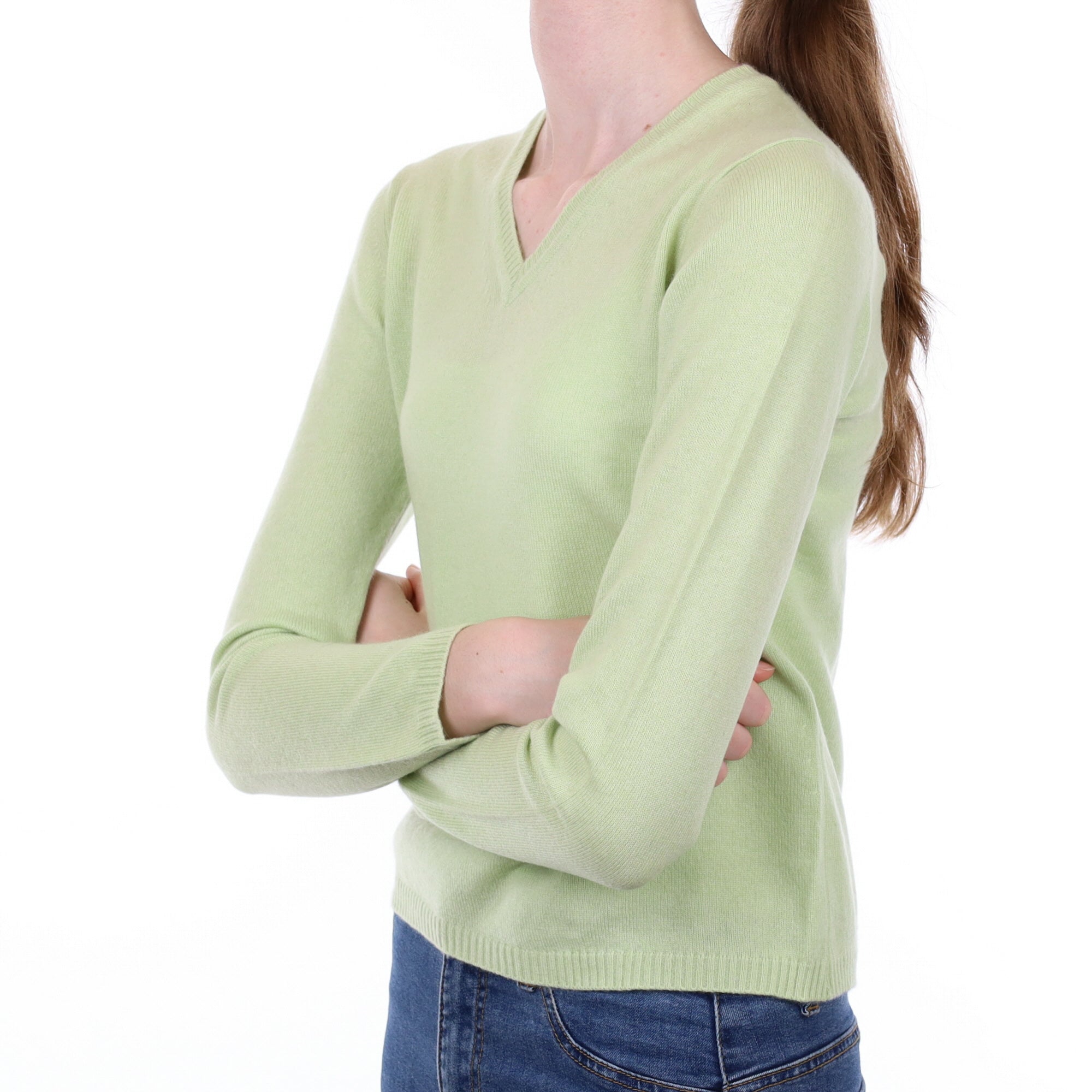 Celery Green Cashmere V Neck Jumper Extra Small