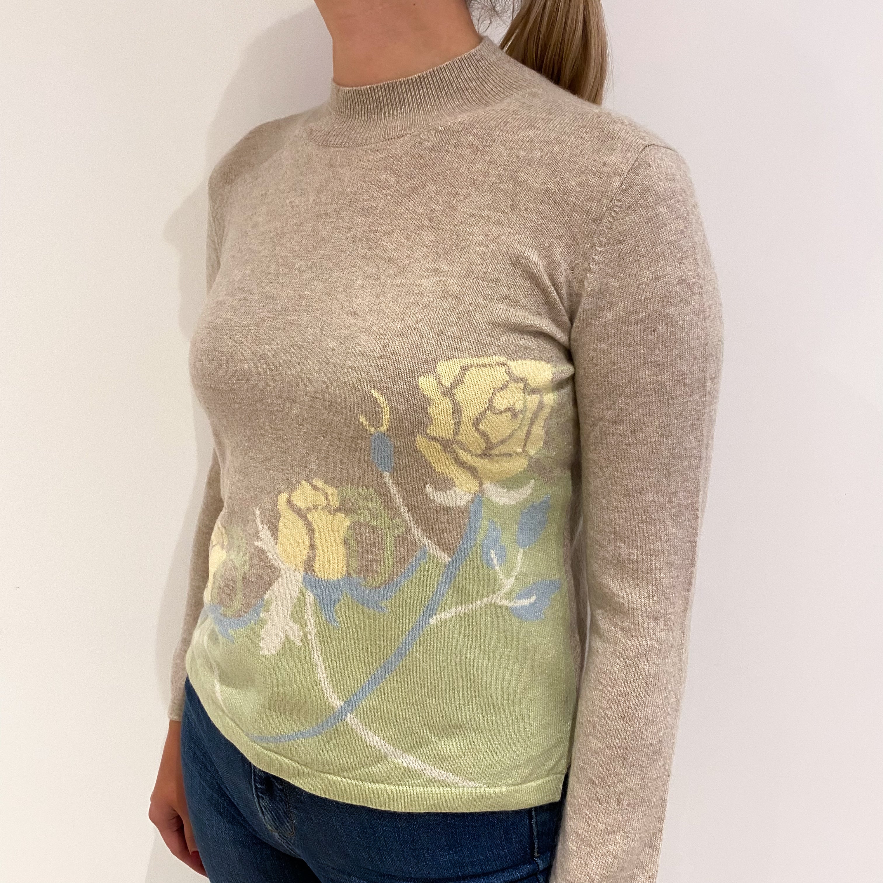 Fawn and Pistachio Floral Cashmere Turtle Neck Jumper Small