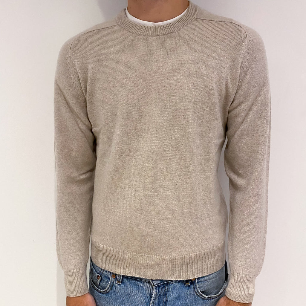Men's Oatmeal Beige Cashmere Crew Neck Jumper Large
