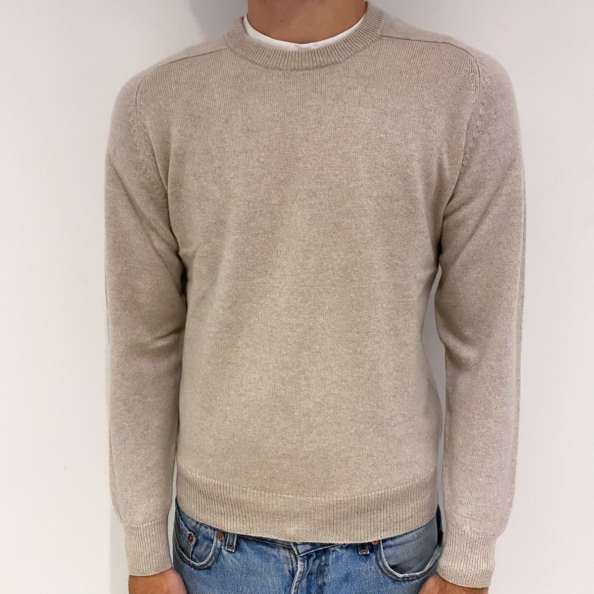 Men's Oatmeal Beige Cashmere Crew Neck Jumper Large
