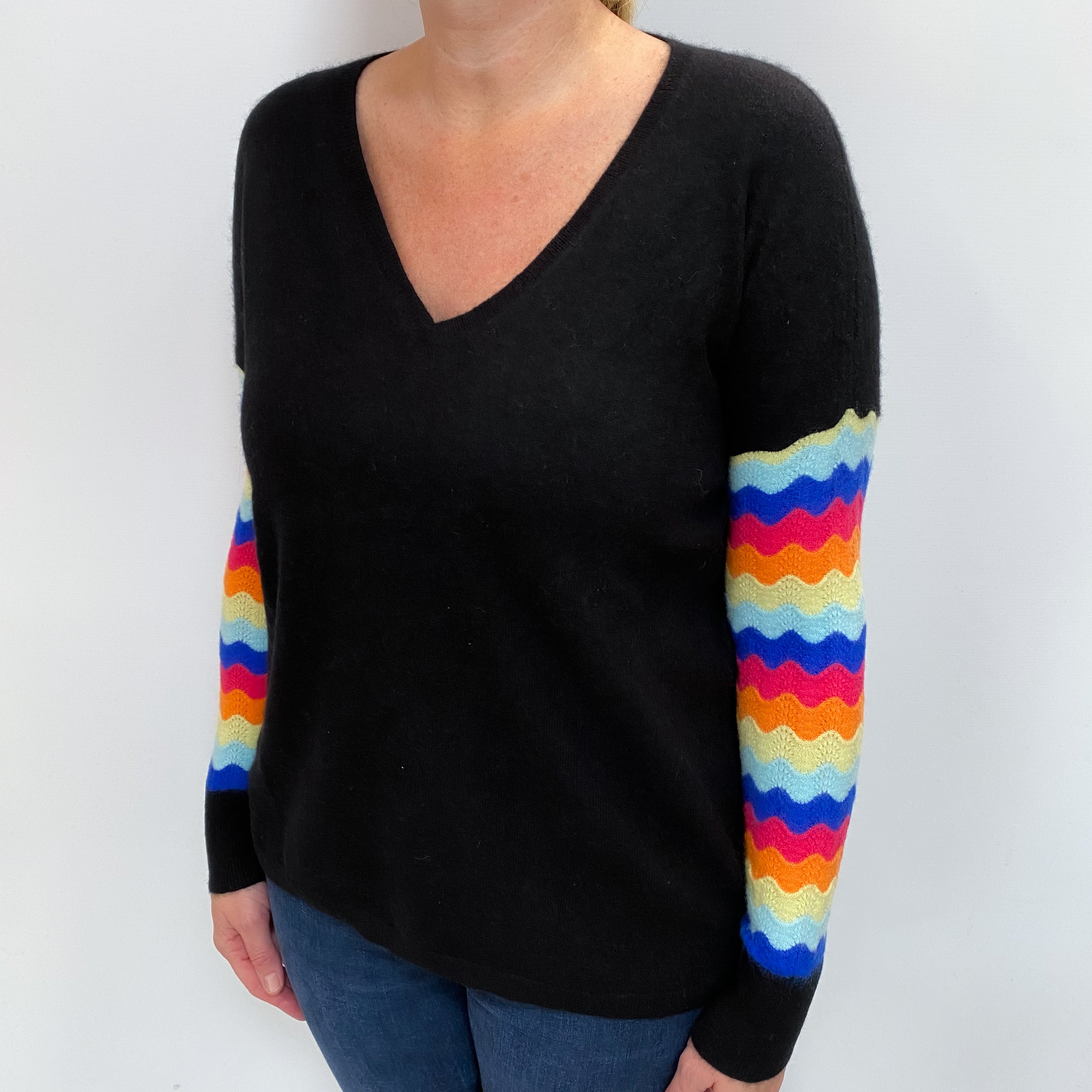 Black Colourful Sleeve Cashmere V Neck Jumper Large