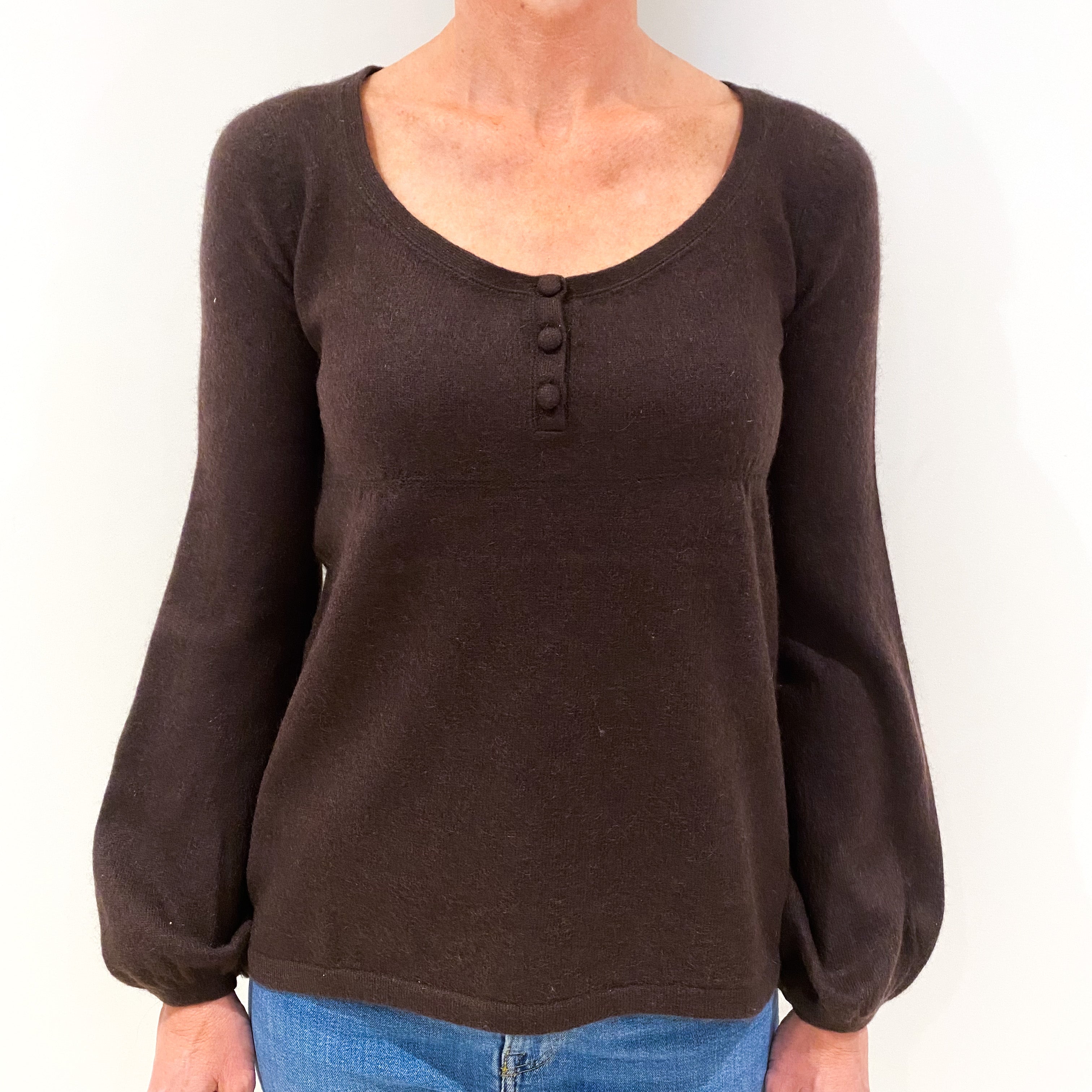 Chocolate Brown Cashmere Buttoned Scoop Neck Jumper Small