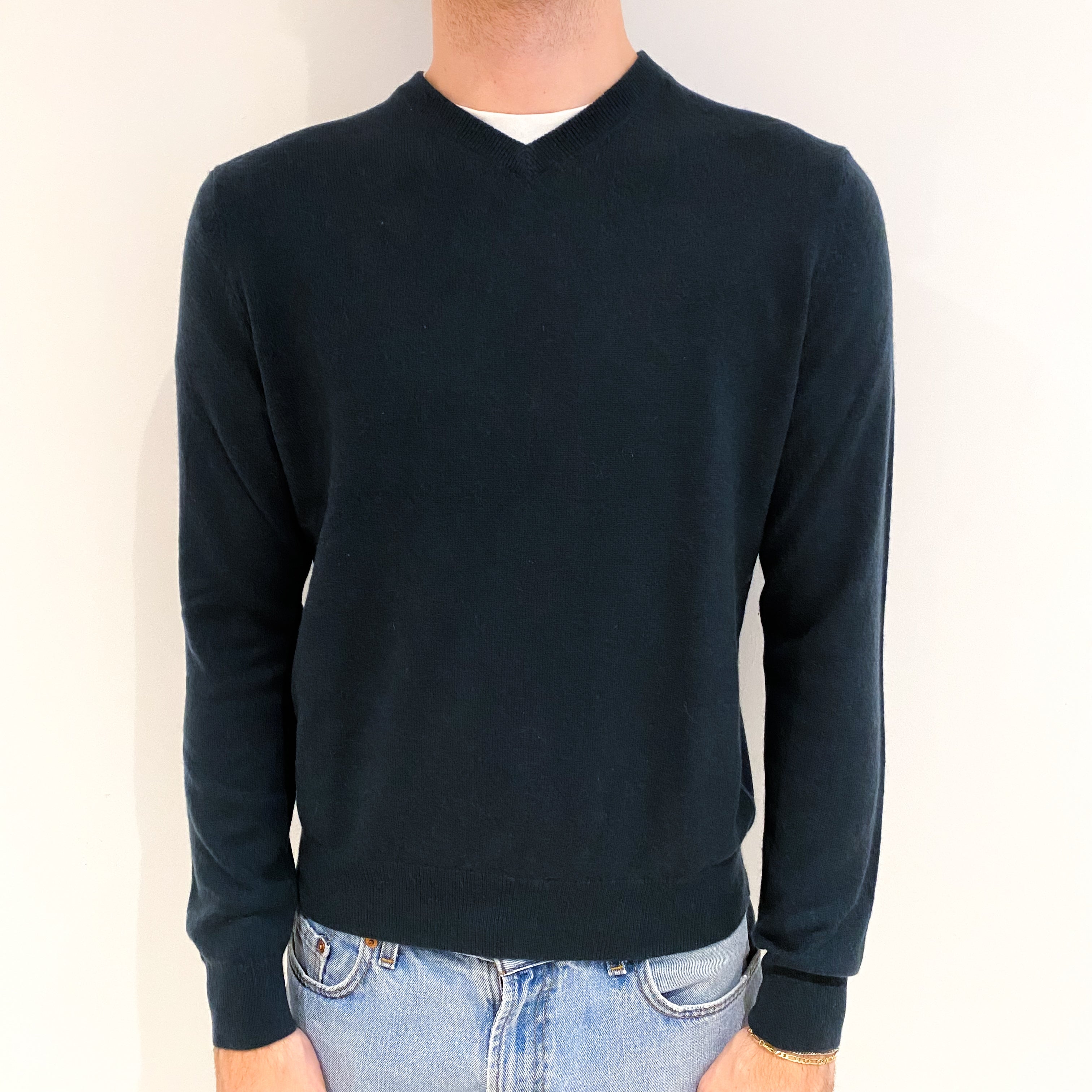 Men's Dark Forest Green Cashmere V Neck Jumper Medium