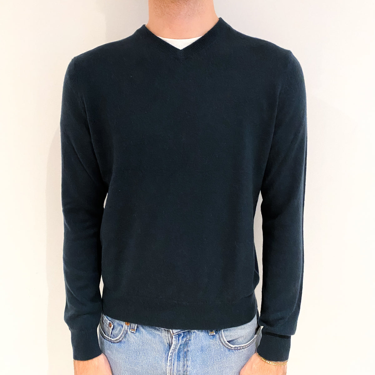 Men's Dark Forest Green Cashmere V Neck Jumper Medium
