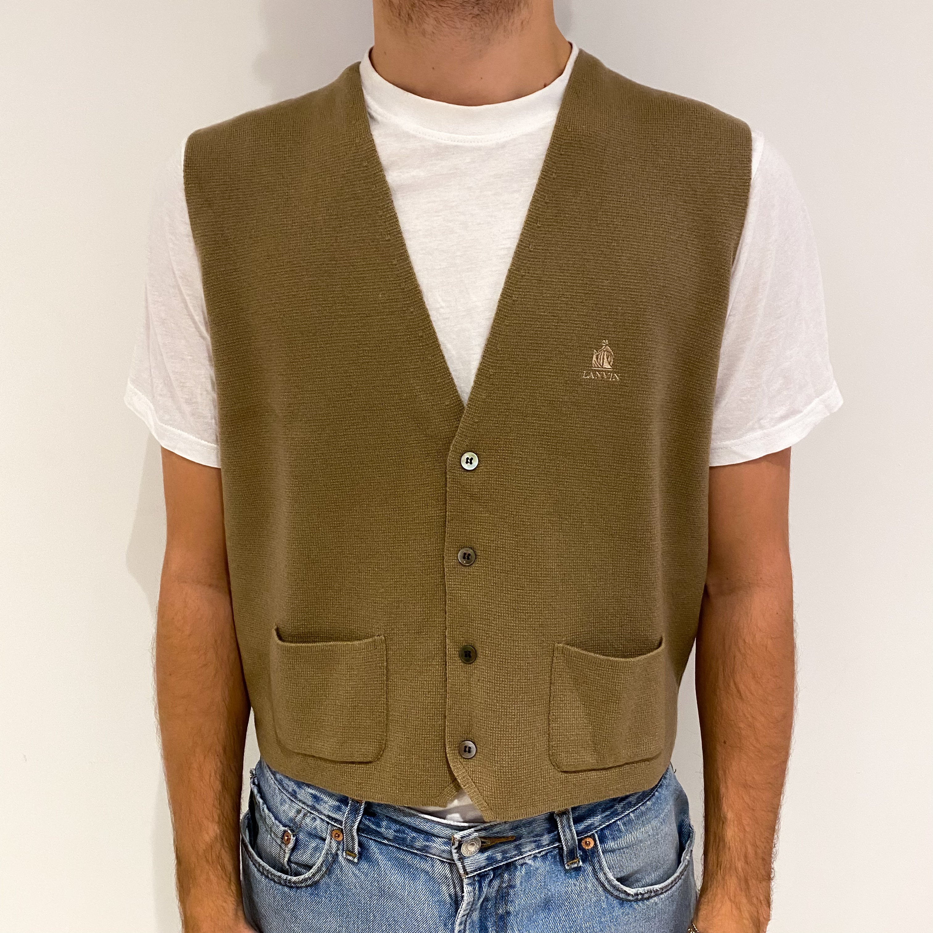 Men's Lanvin Camel Brown Cashmere V-Neck Waistcoat Large