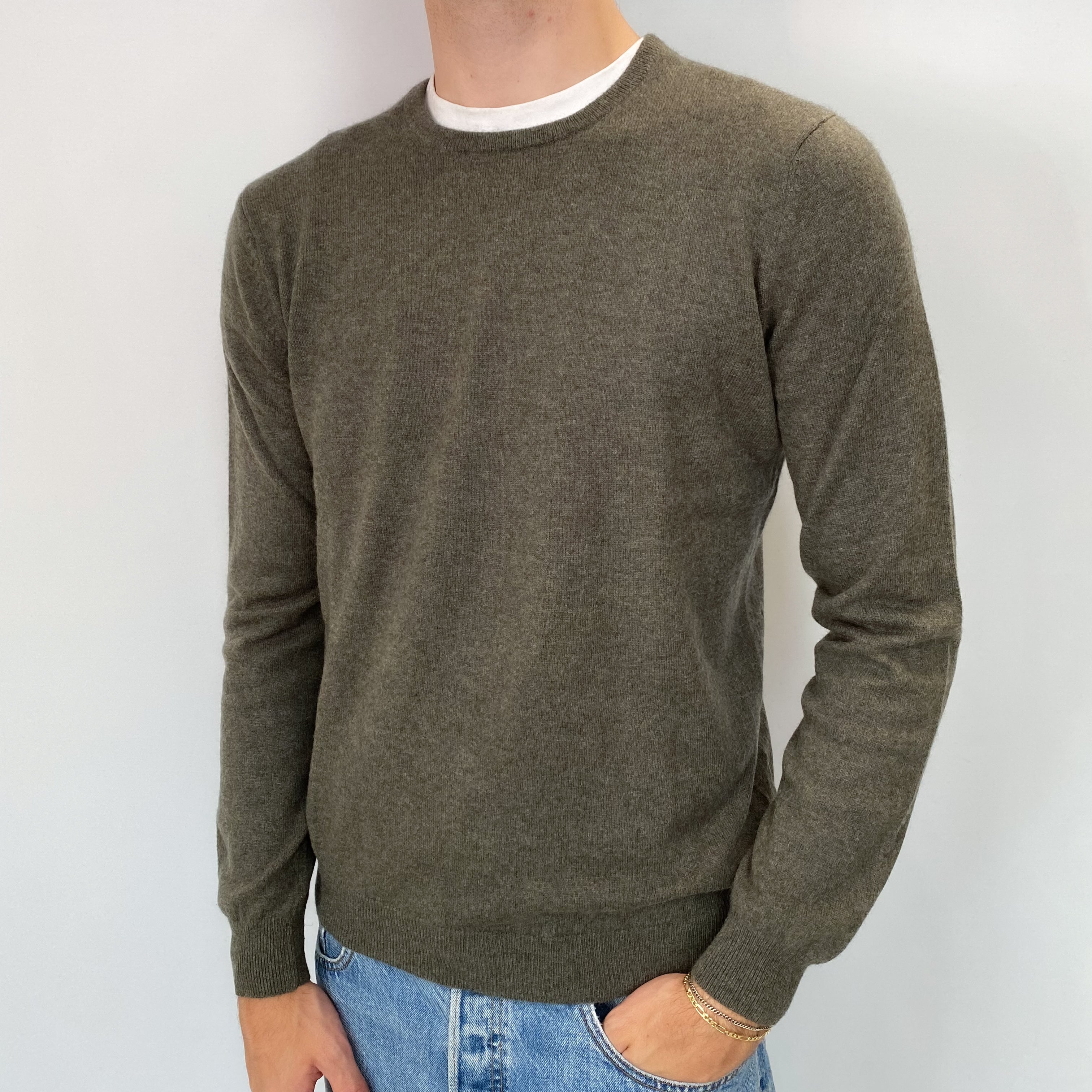 Men's Khaki Cashmere Crew Neck Jumper Medium