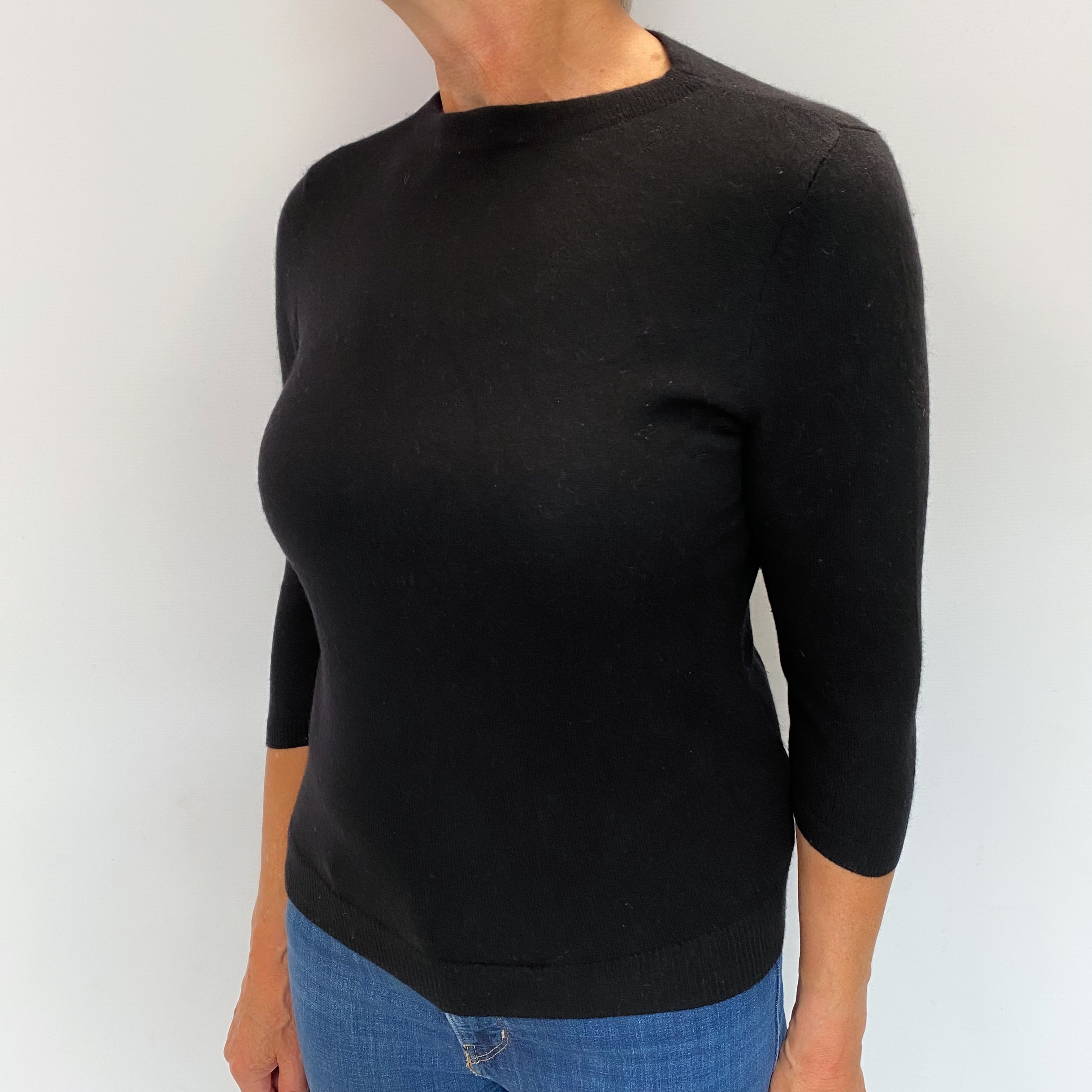 Black Cashmere 3/4 Sleeve Crew Neck Jumper Medium