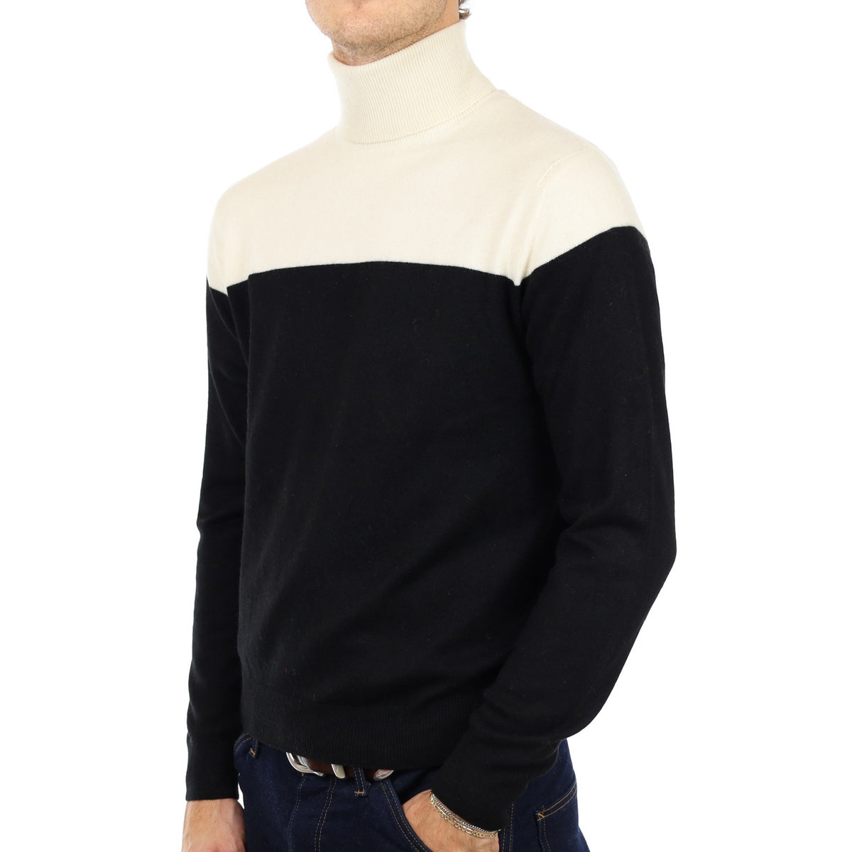 Men's Black and Cream Cashmere Polo Neck Jumper Medium