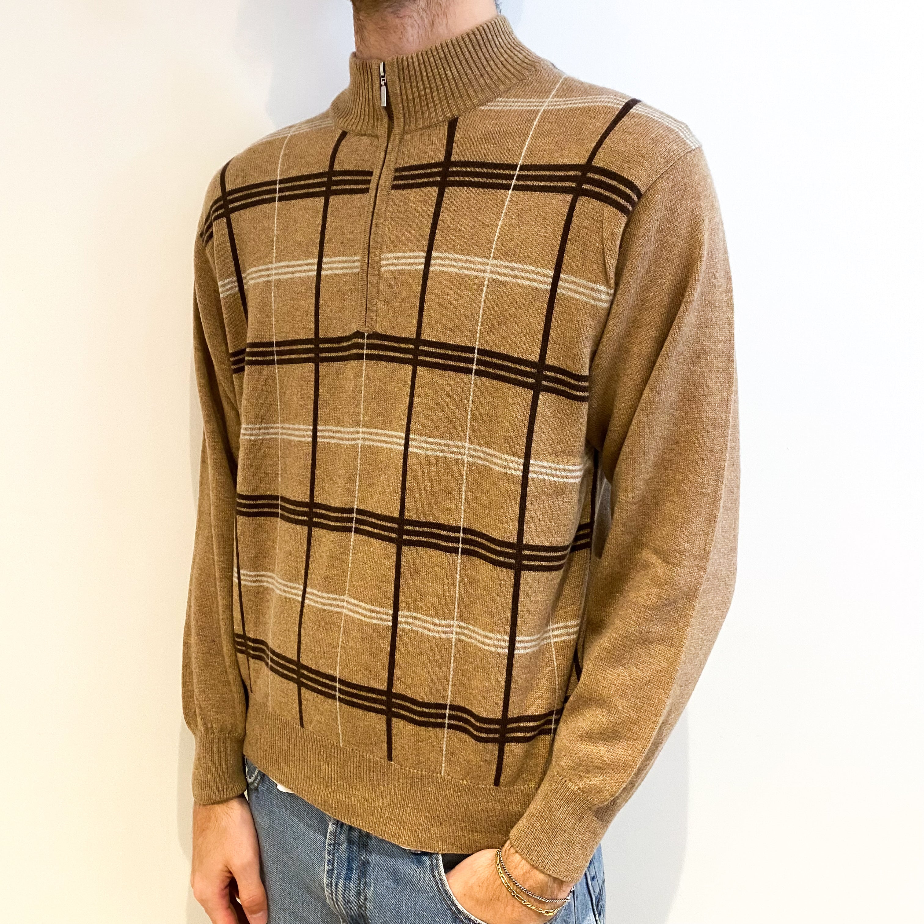 Men's Biscuit Brown Checked Cashmere Zip Polo Neck Jumper Large