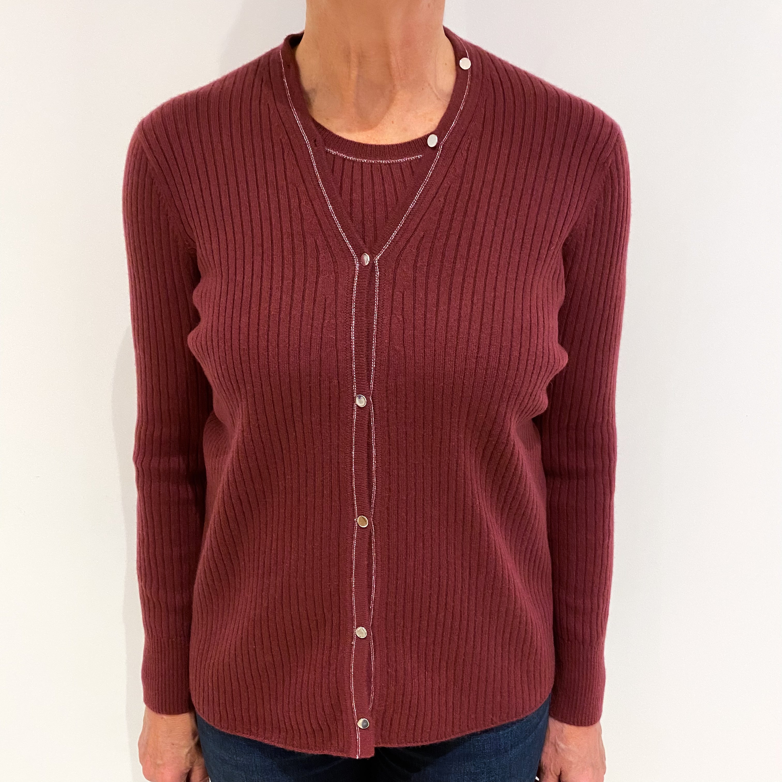 Brick Red Rib Knit Cashmere Twin Set Cardigan Medium