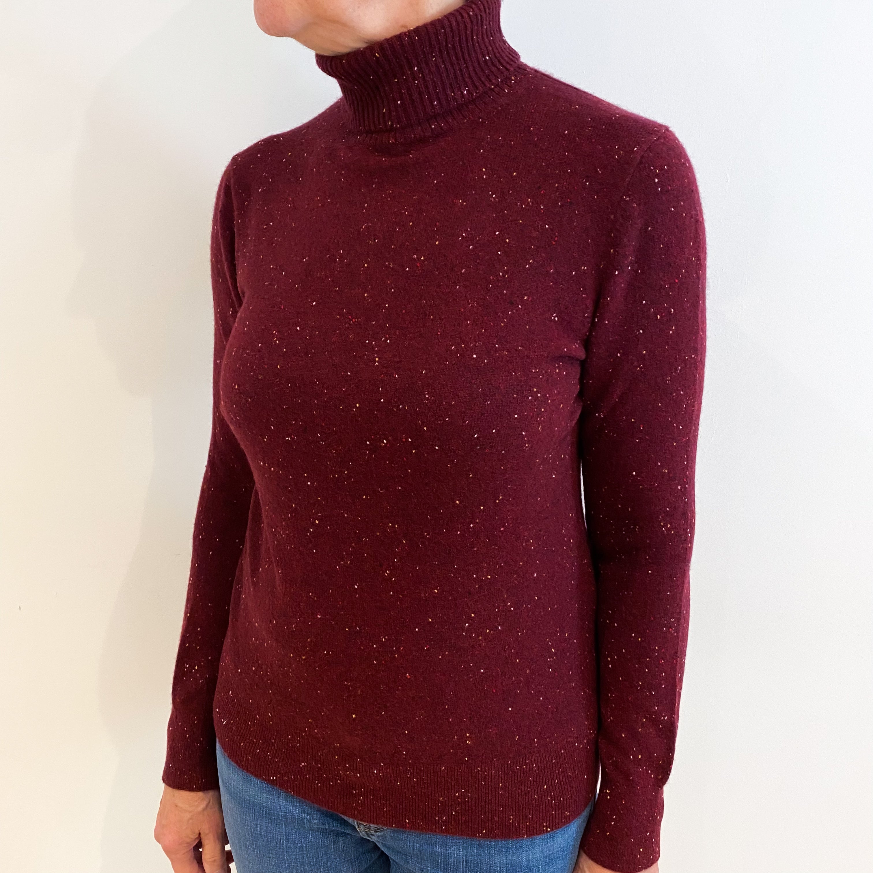 Wine Red Fleck Cashmere Polo Neck Jumper Medium