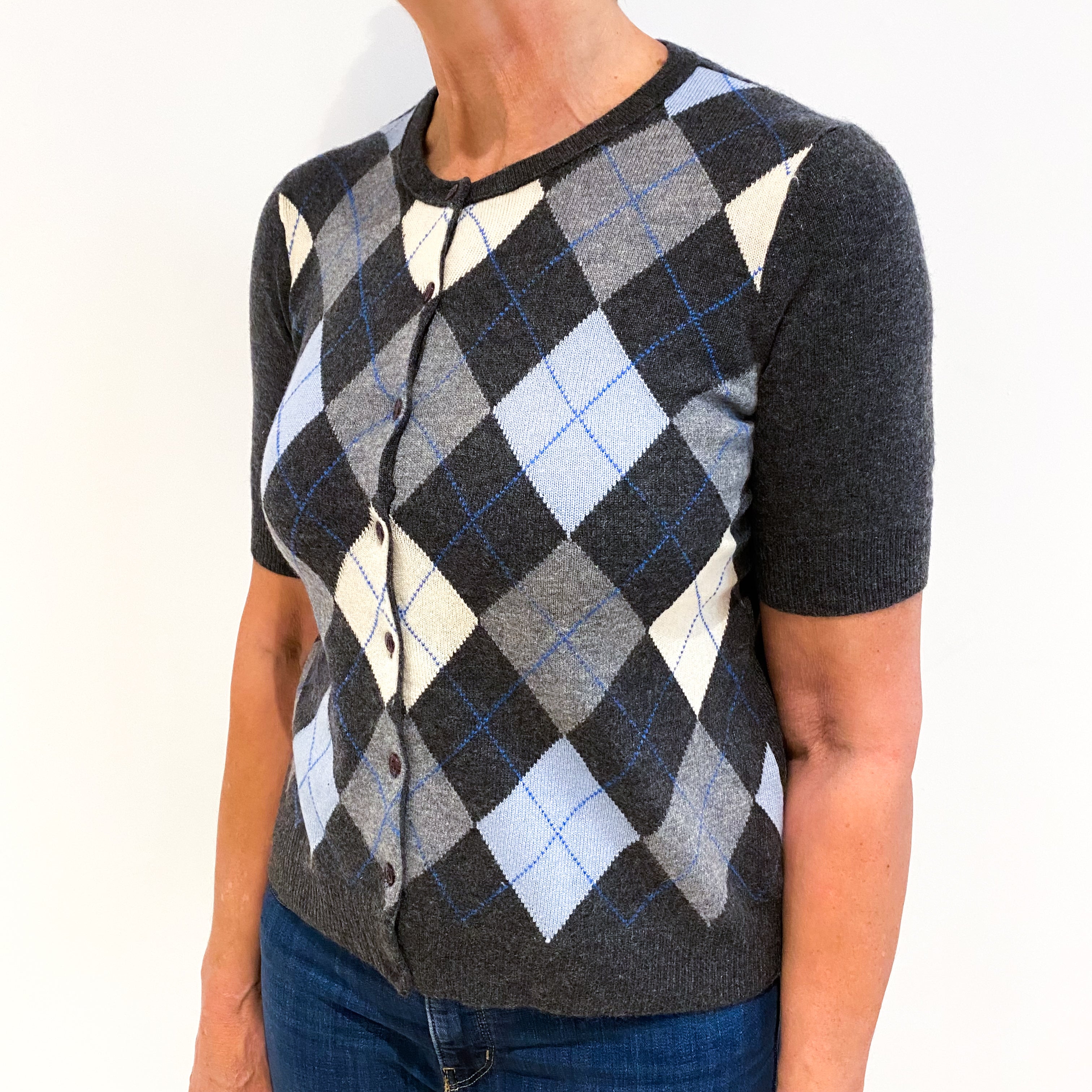 Slate Grey Argyle Short Sleeve Cashmere Cardigan Medium