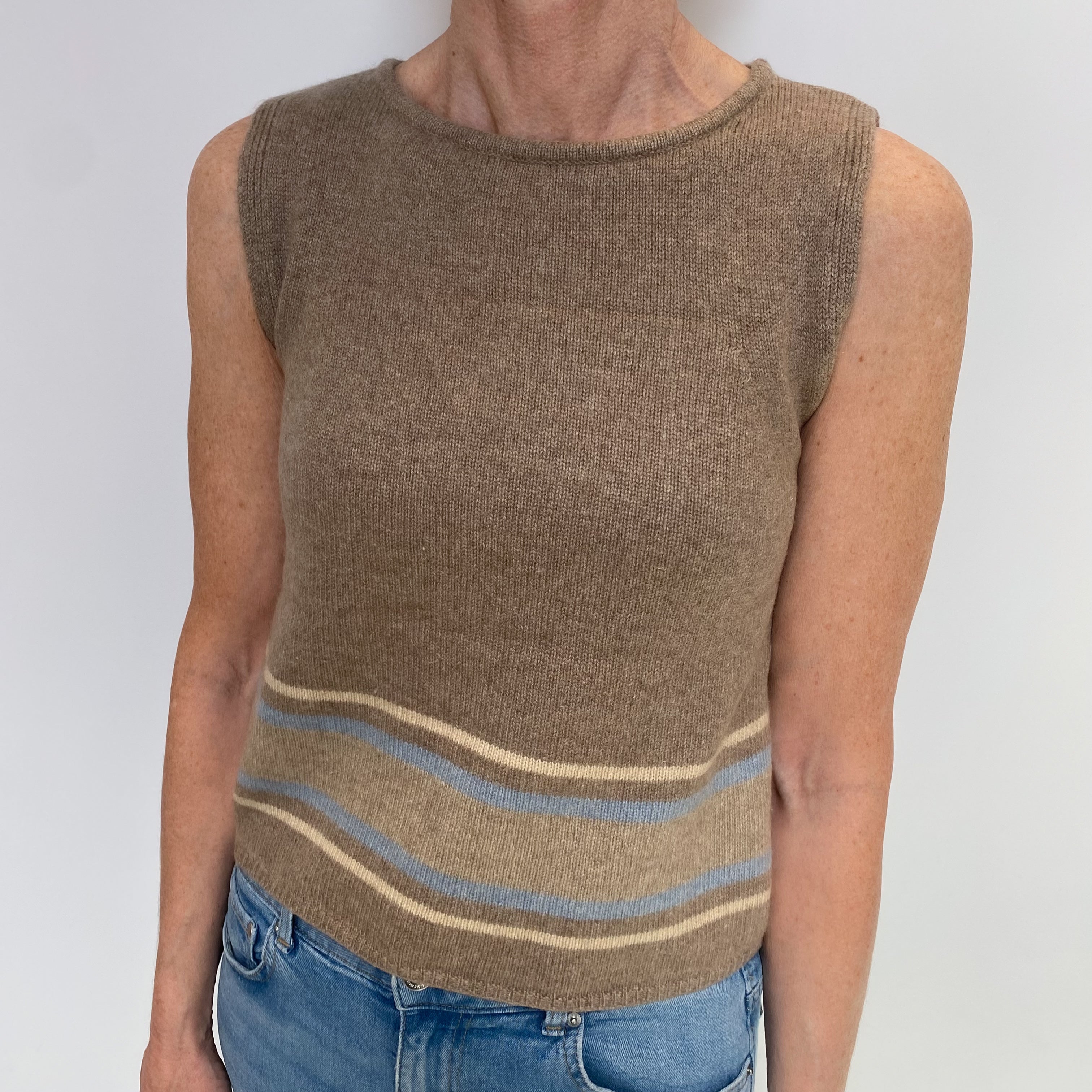 Taupe Cashmere Sleeveless Crew Neck Jumper Small
