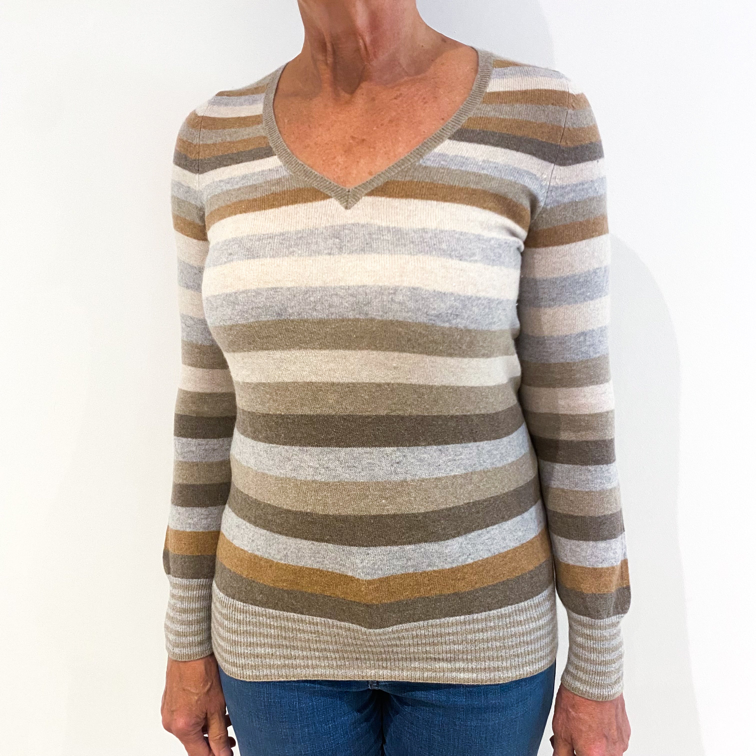 Beige Cream and Grey Striped Cashmere V-Neck Jumper Medium