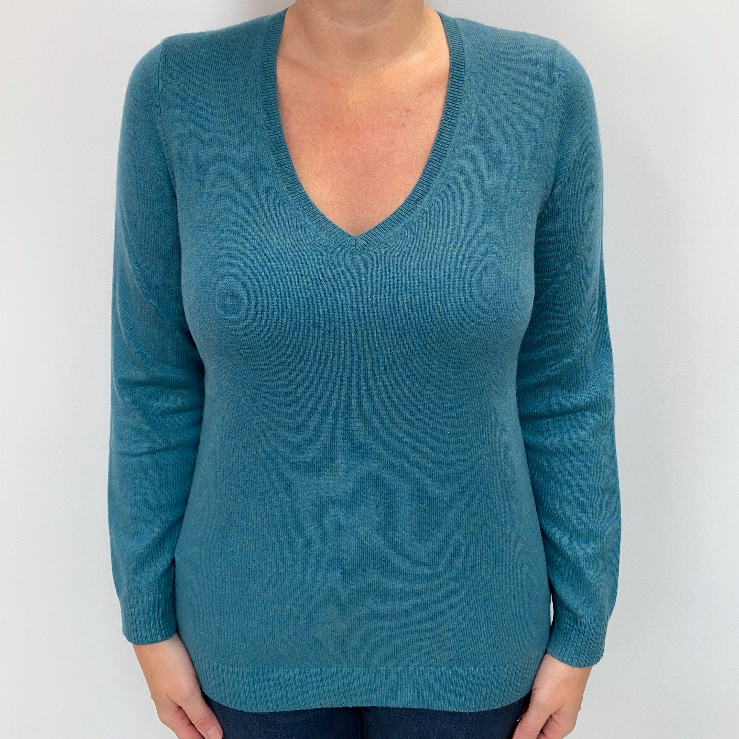 Sea Green Cashmere V Neck Jumper Large