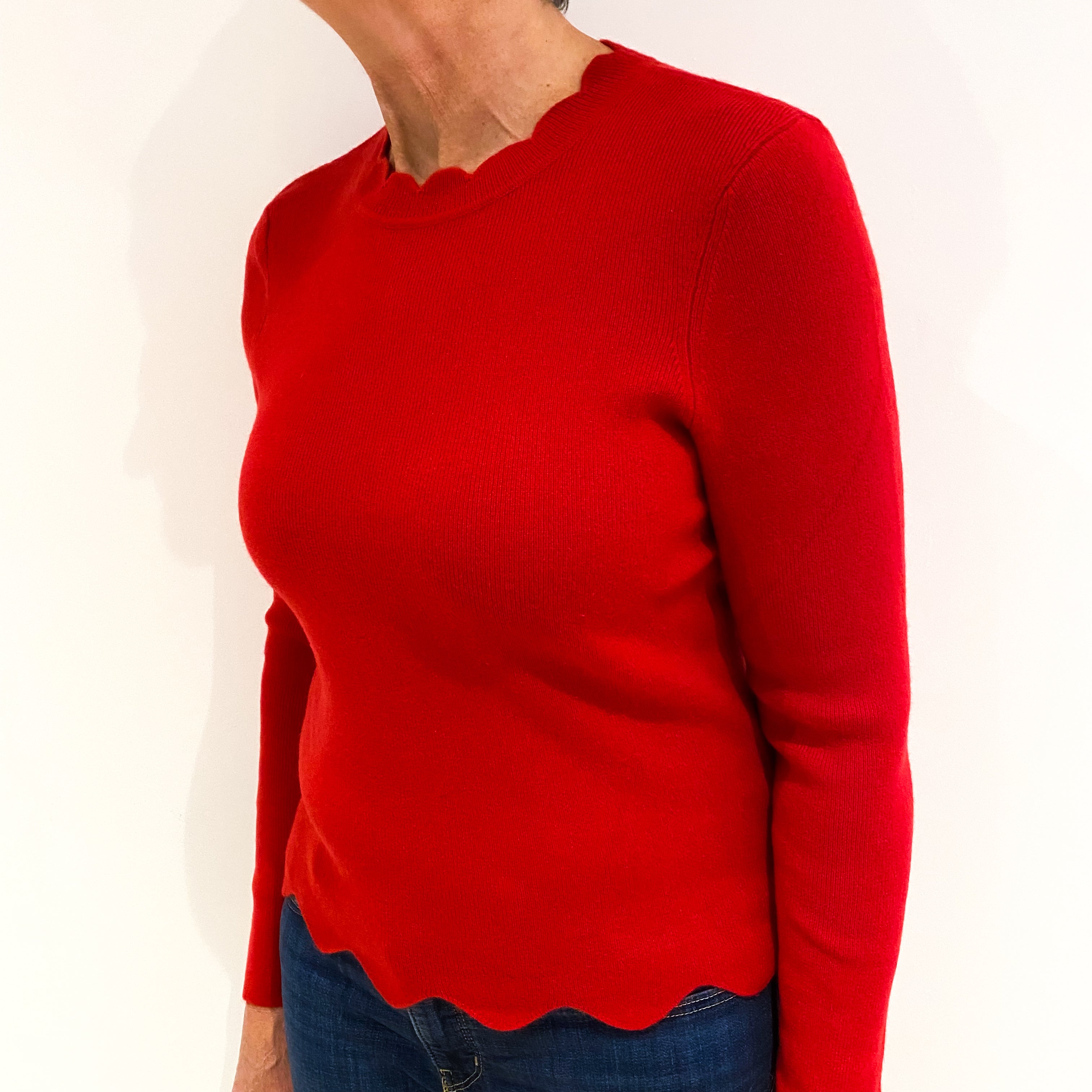 Scarlet Red Scallop Edge Cashmere Crew Neck Jumper Medium