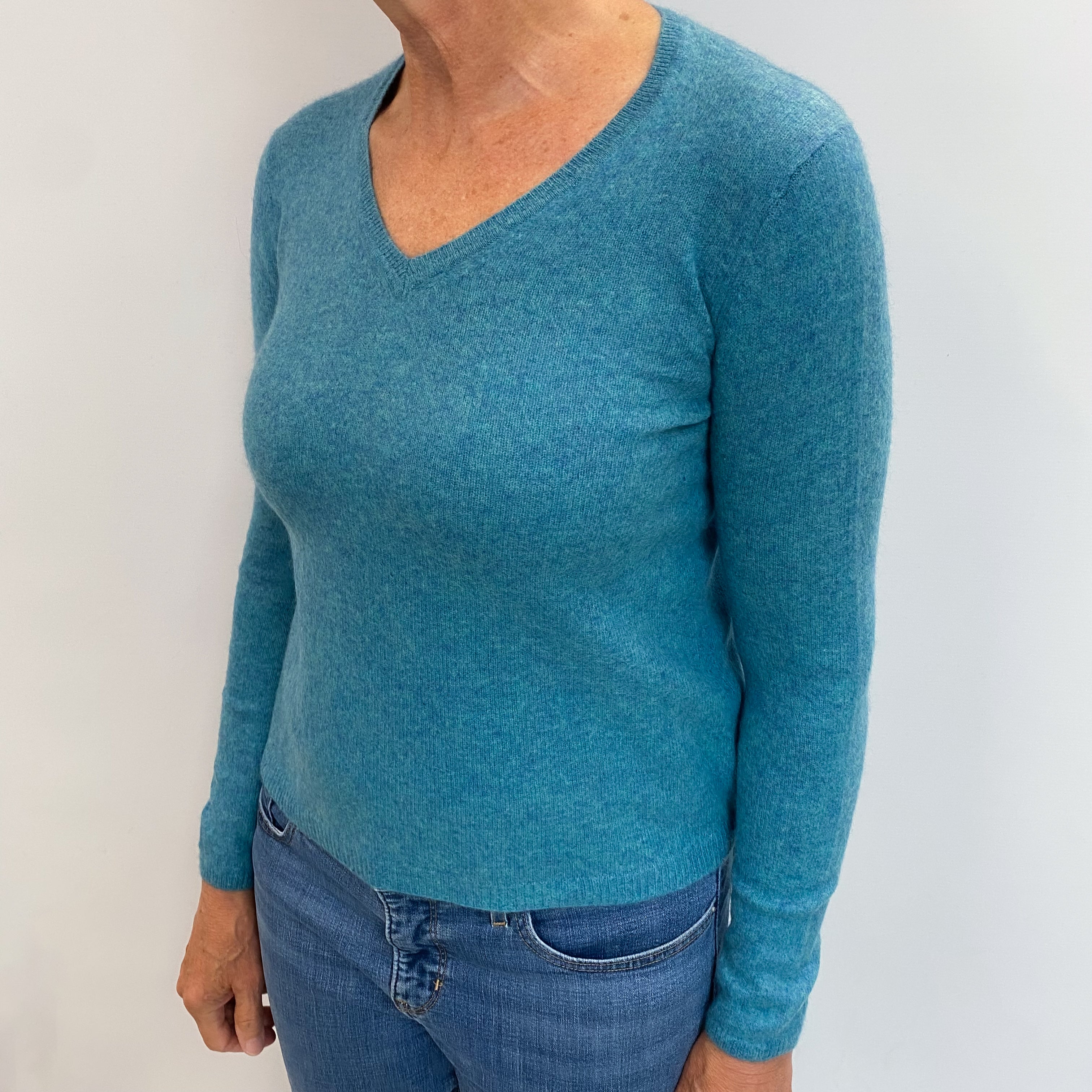 Muted Aqua Marl Cashmere V Neck Jumper Medium