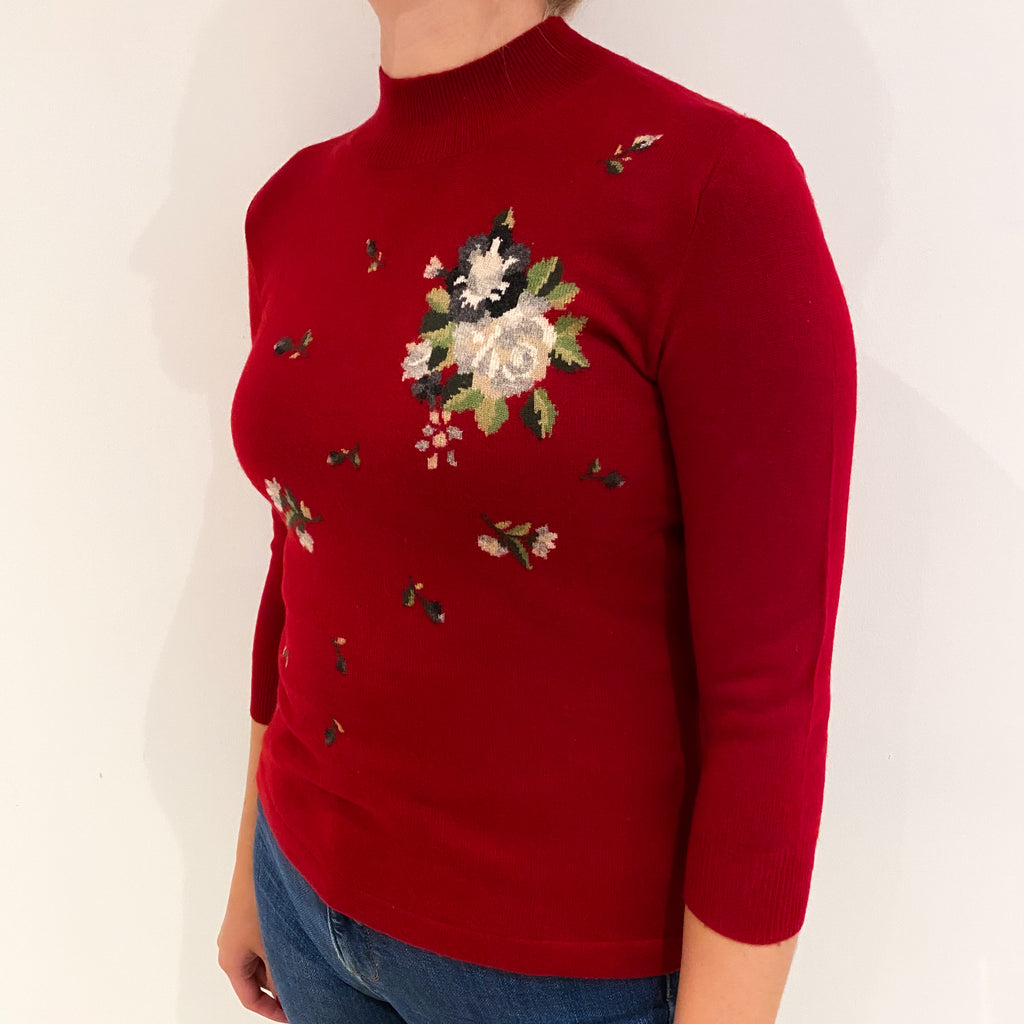 Crimson Red Floral Cashmere Turtle Neck Jumper Small