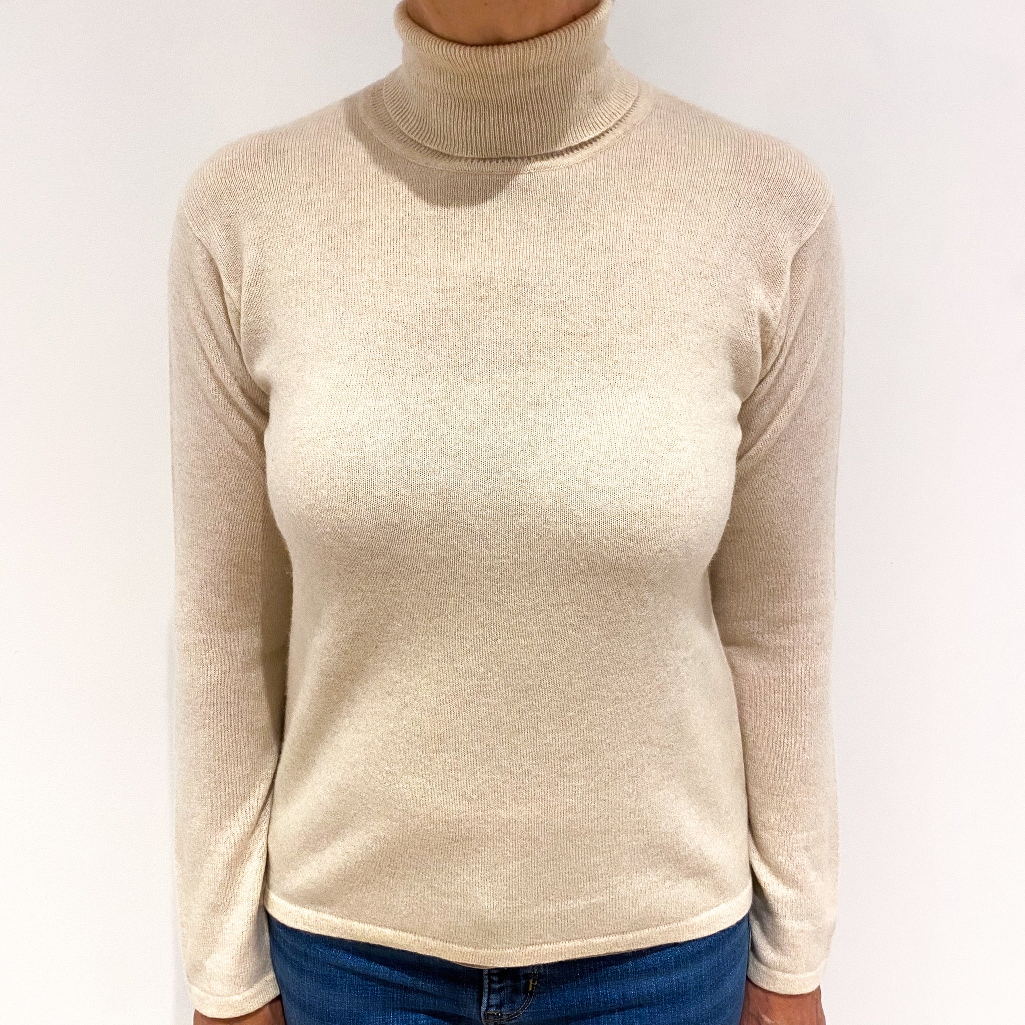 Sand Cashmere Polo Neck Jumper Medium