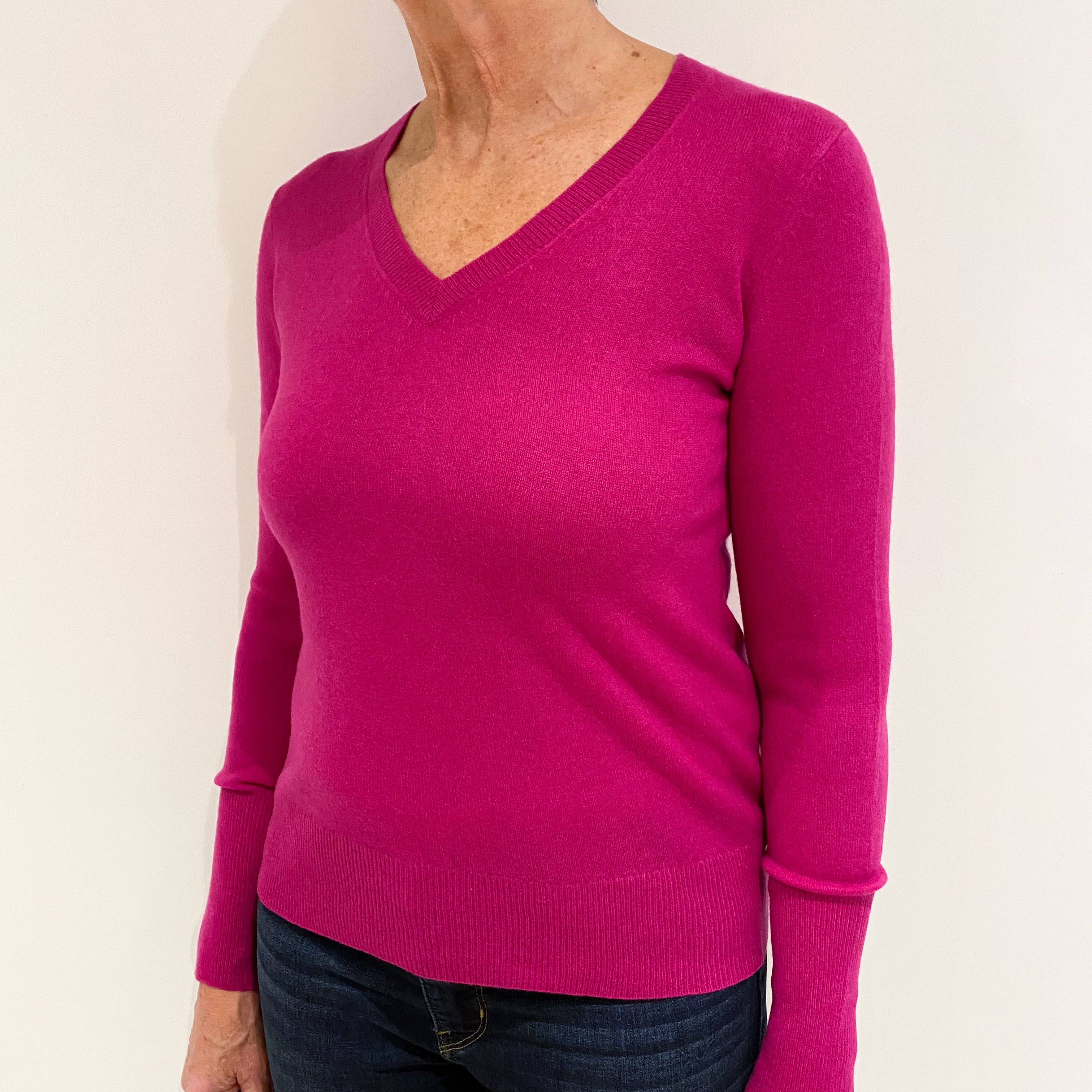 Magenta Pink Cashmere V-Neck Jumper Medium