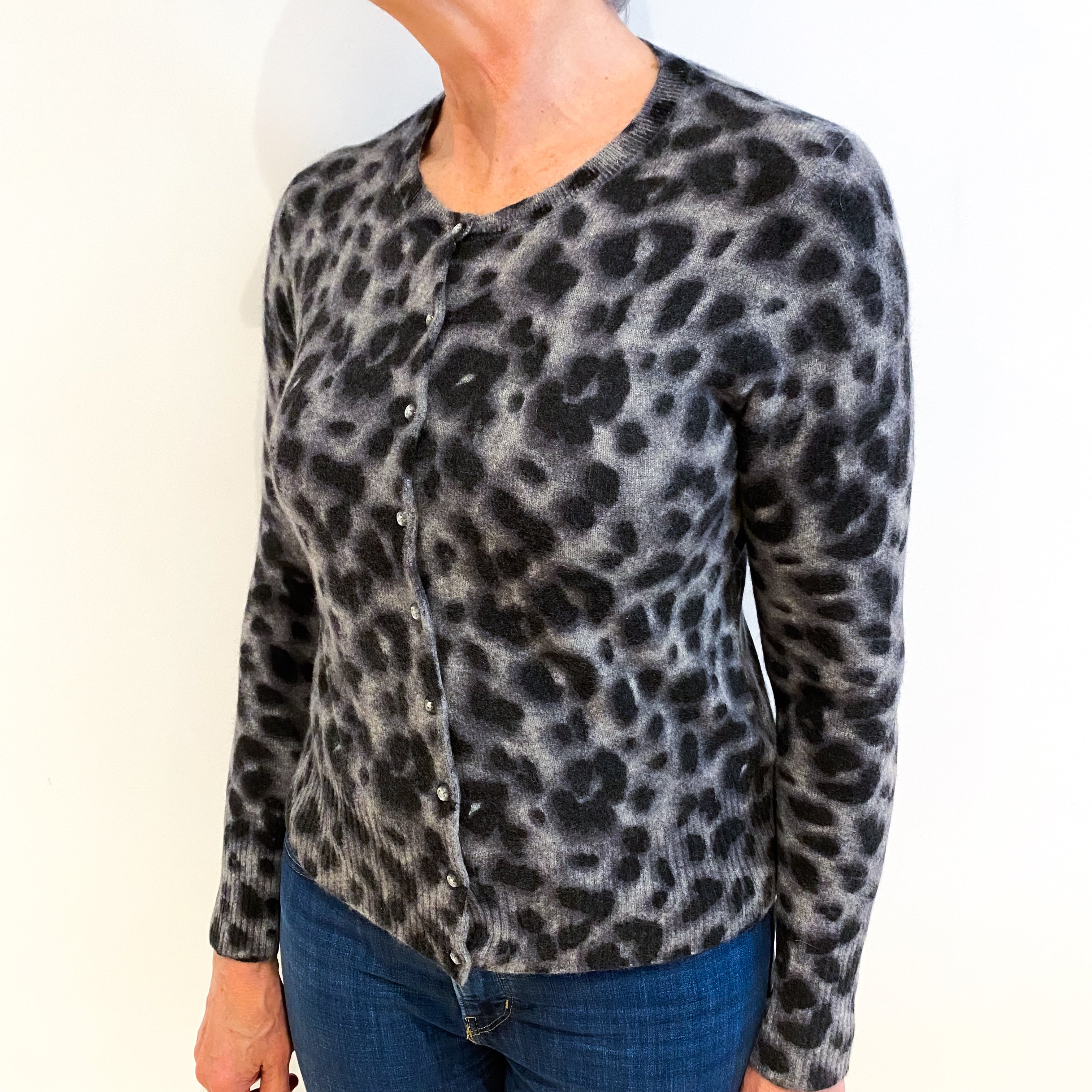Grey Animal Print Cashmere Cardigan Medium