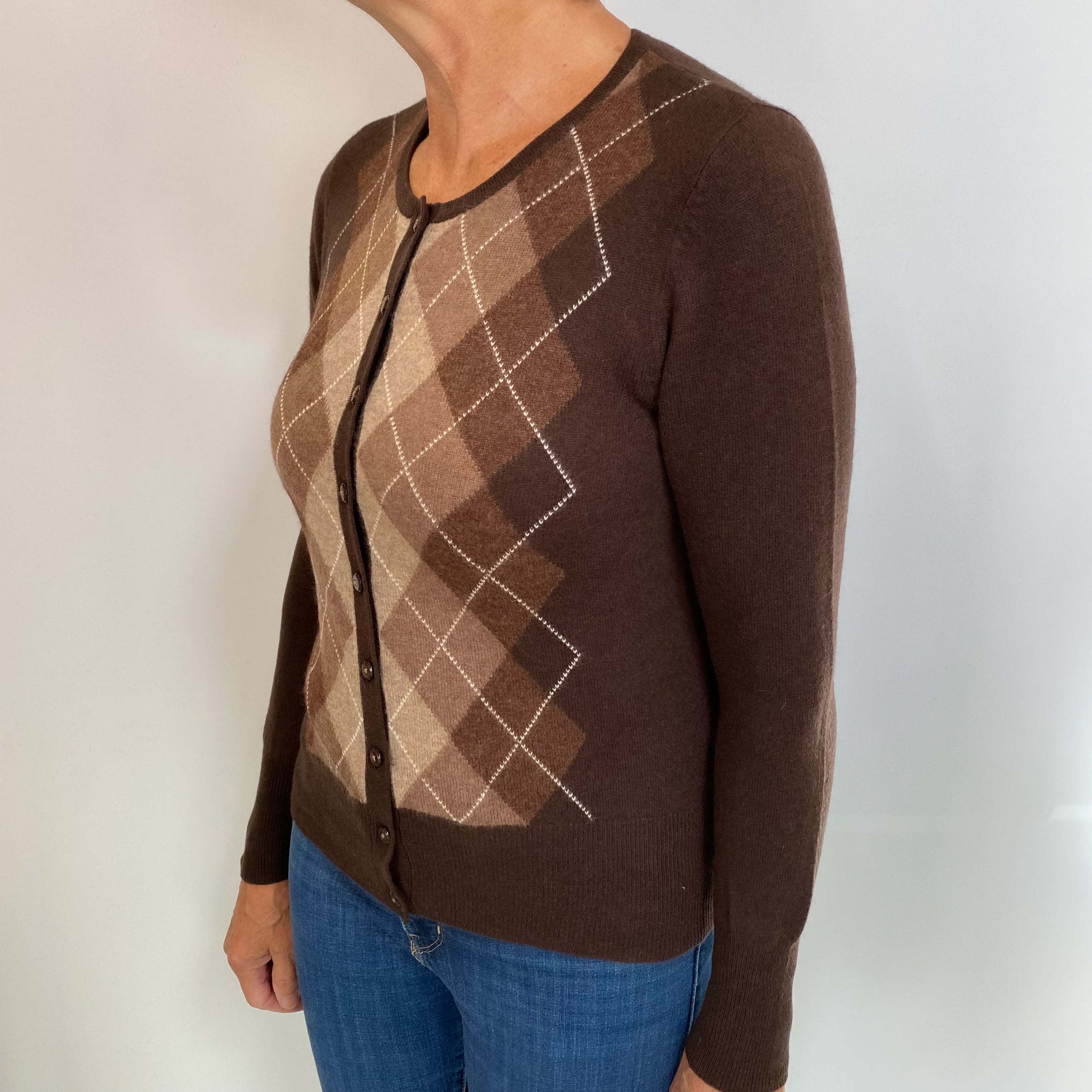 Brown Argyle Cashmere Crew Neck Cardigan Medium