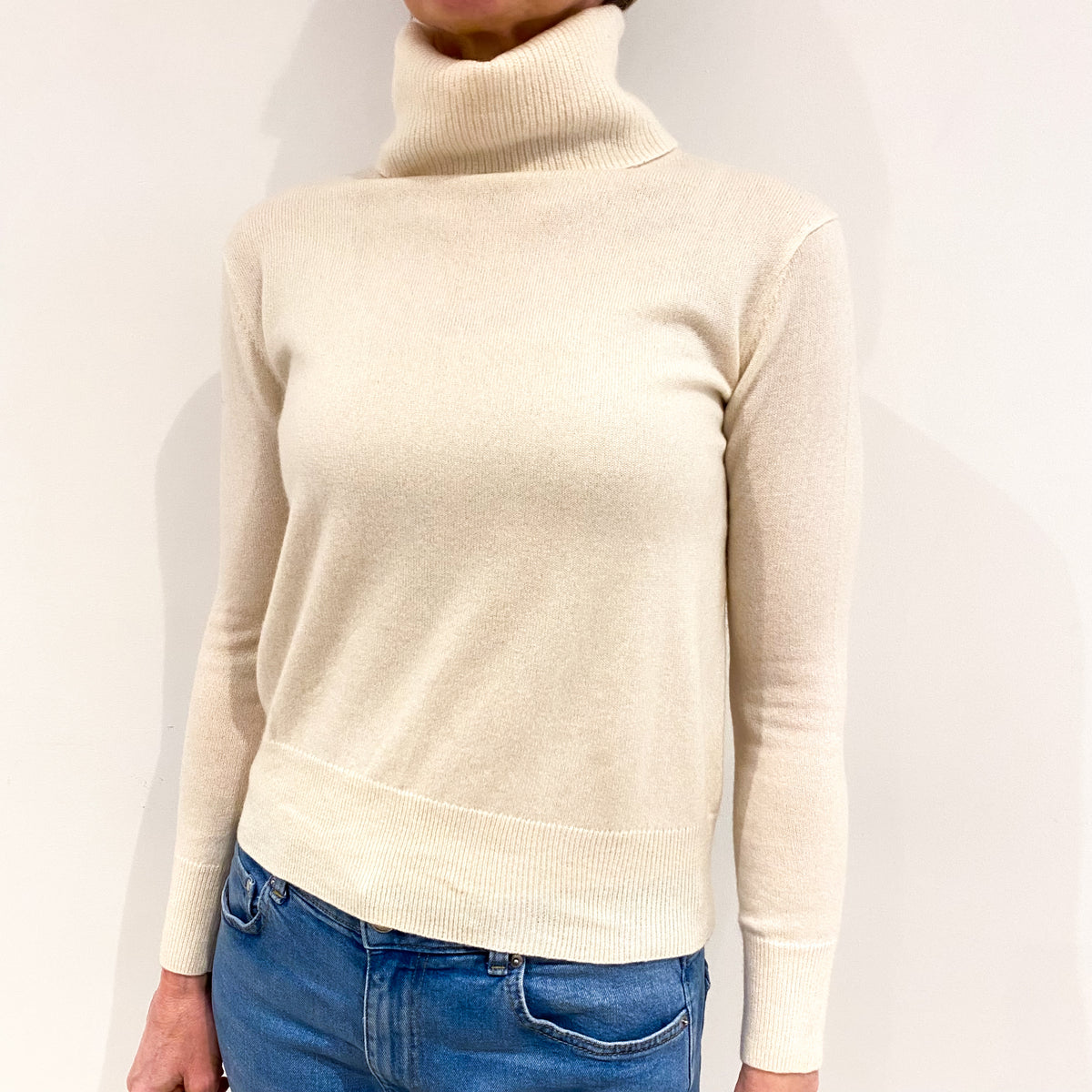 Vanilla Cream Cashmere Polo Neck Jumper Small