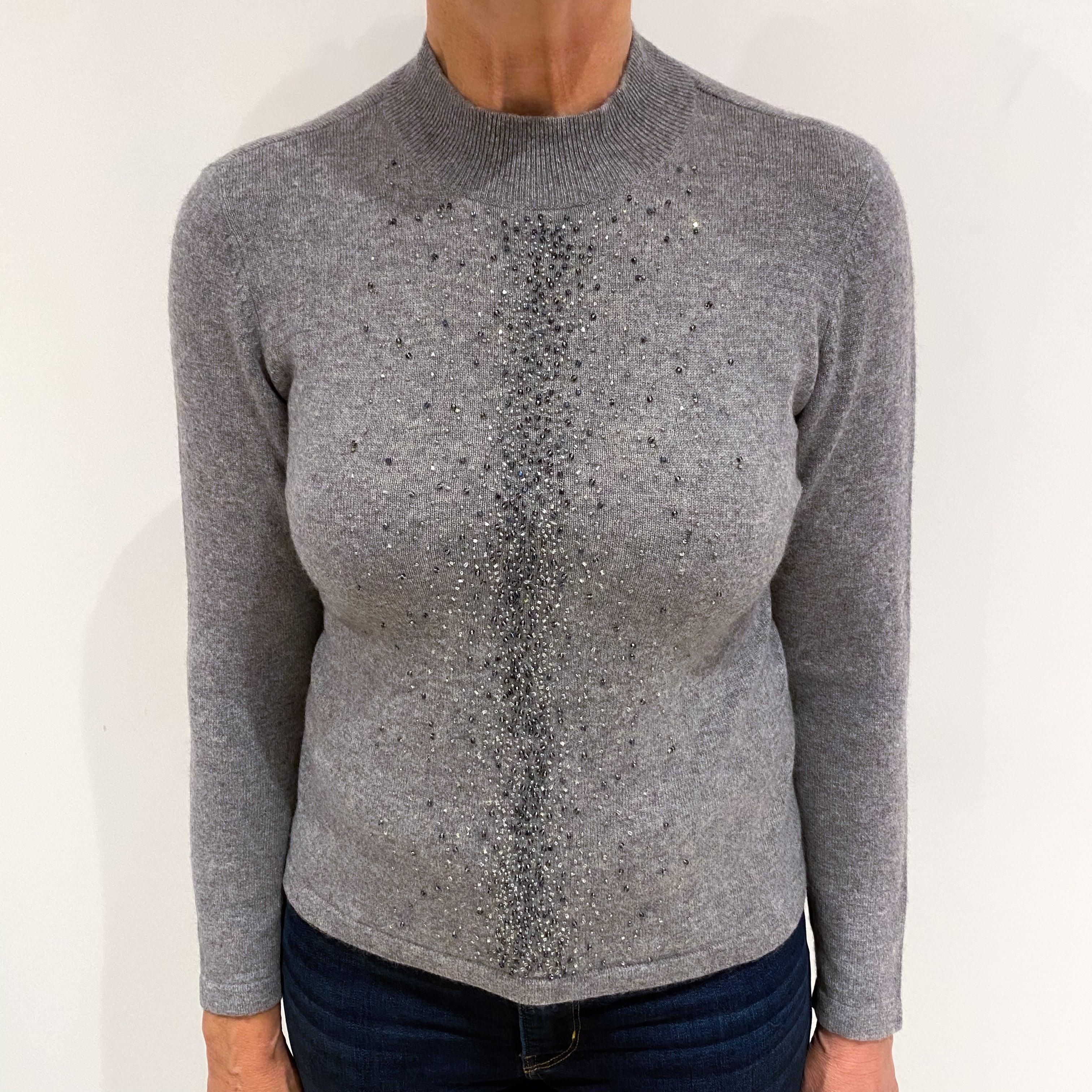 Ash Grey Embellished Cashmere Turtle Neck Jumper Medium