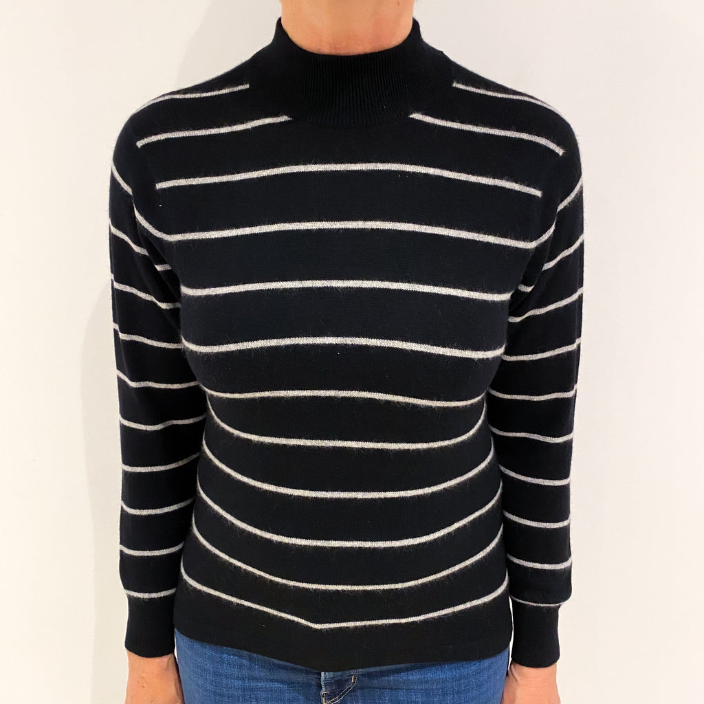 Black and Grey Striped Cashmere Turtle Neck Jumper Medium