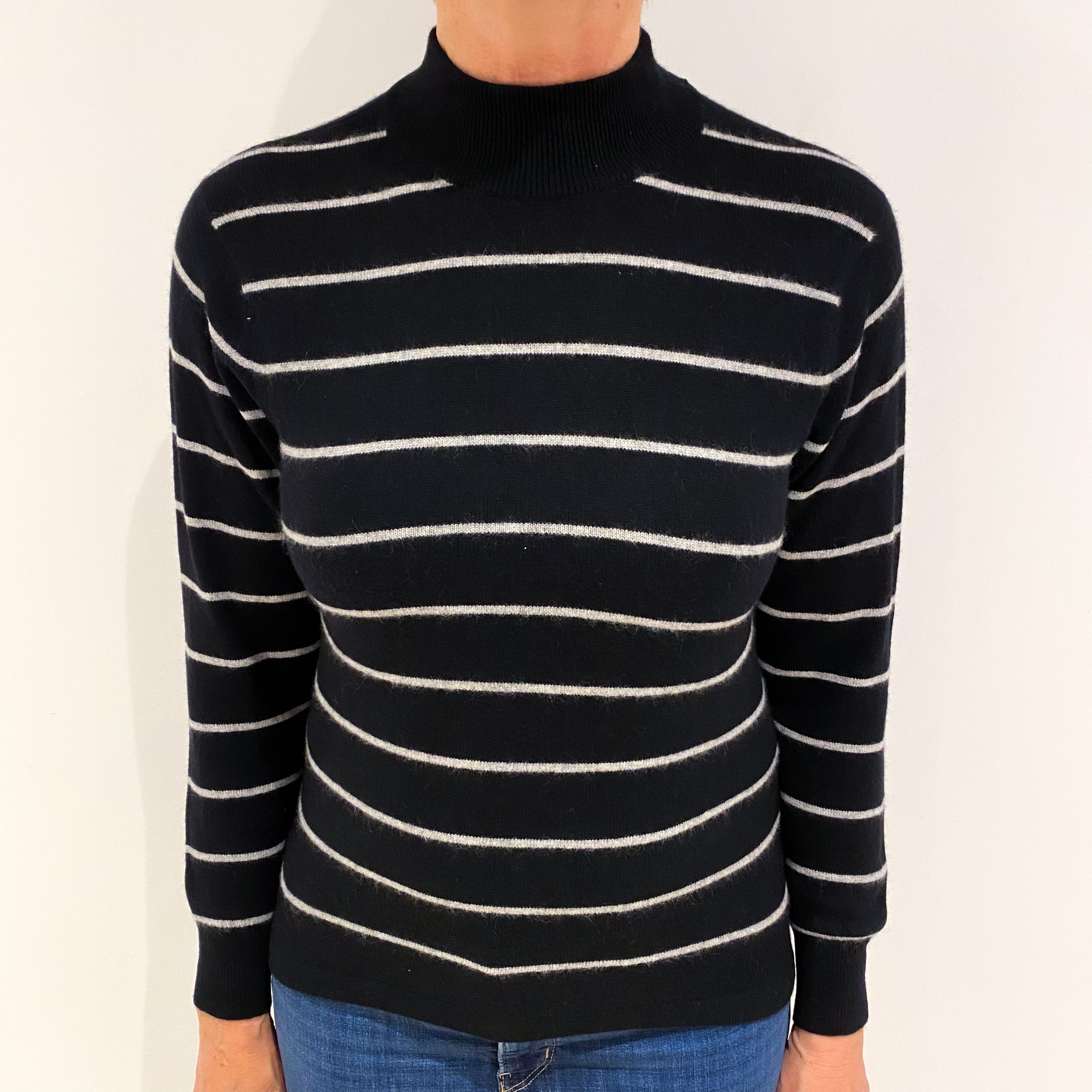Black and Grey Striped Cashmere Turtle Neck Jumper Medium